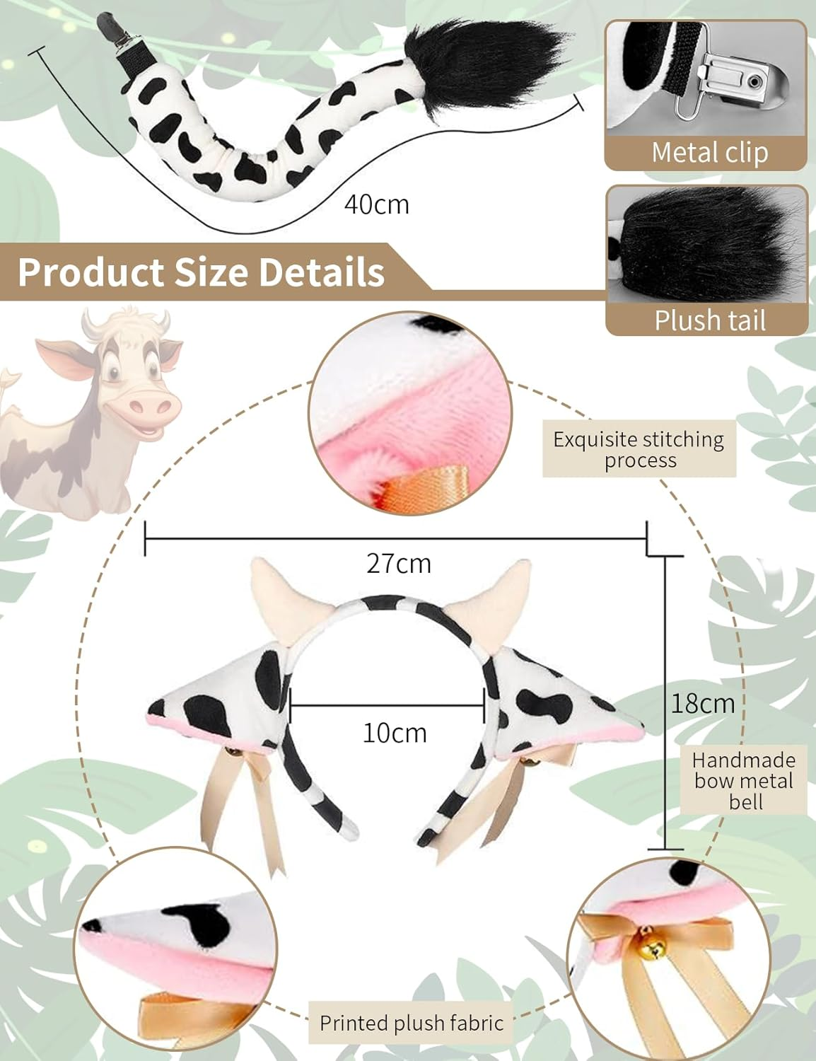 3 PCS Cow Costume Set for Girls Including Cow Ears Headband Tail and Skirt Animal Costume Kit, Cow Cosplay Accessories for Christmas Carnival, Halloween Party Dress up Supplies for Women image number 3