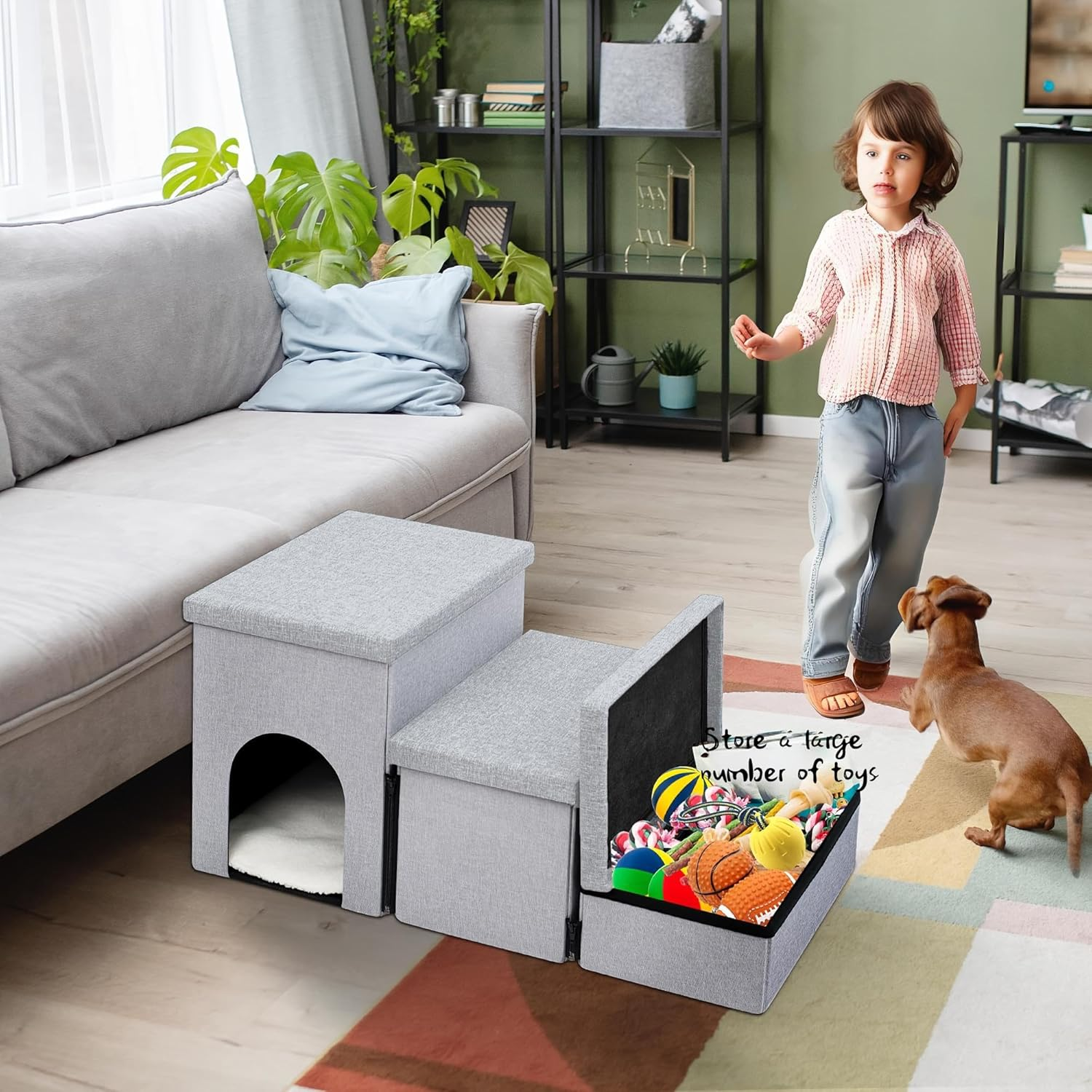 3-Step Storage Pet Stairs for Dogs & Cats | Heavy Duty Dog Stairs/Ramp with Storage House | Detachable & Washable Design | Small Pets | Brown | H:43CM