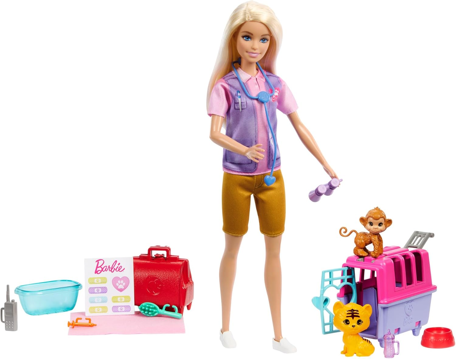 Barbie Careers Doll & Accessories, Animal Rescue & Recovery Playset with Blonde Doll, Baby Monkey & Tiger Figures, Carrier & More