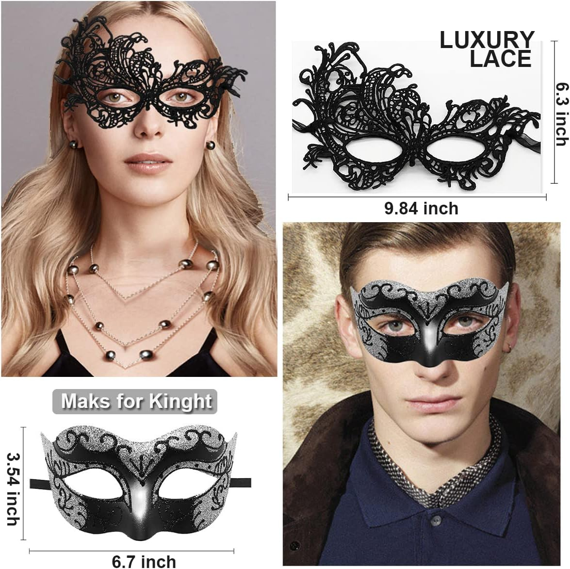 Masquerade Mask for Couples Lace Eye Mask Venetian Carnival Halloween Mask Party Ball Prom Mask Costume Mardi Gras 2Pack image number 2