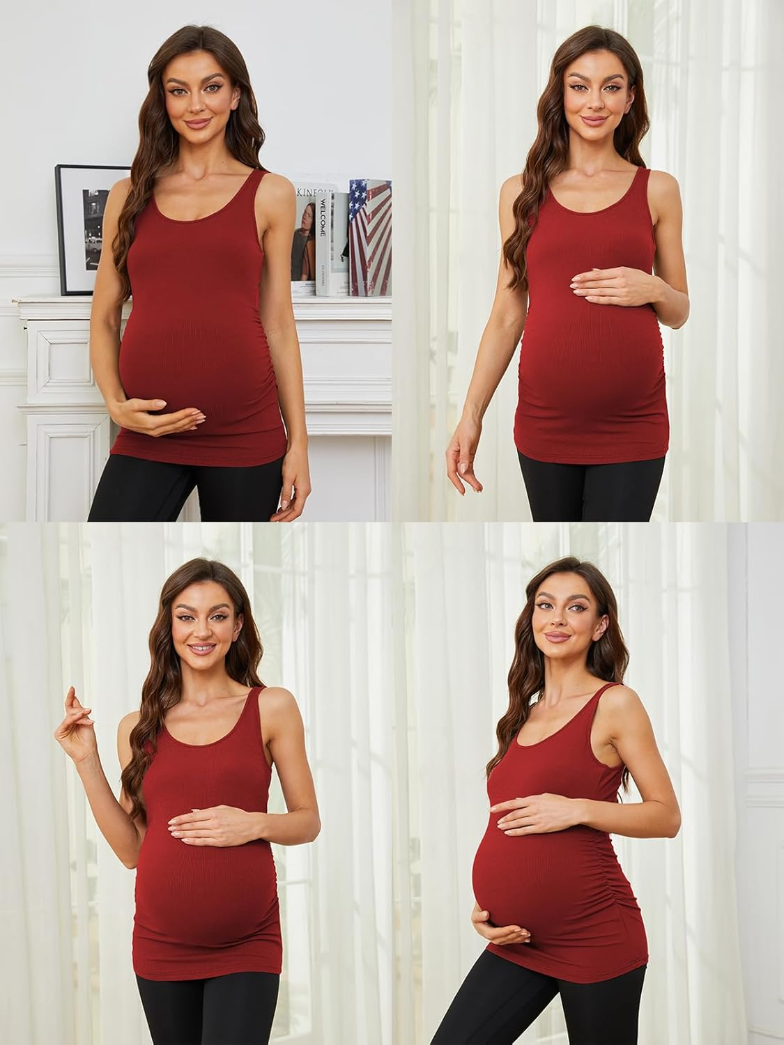 Ecavus 3 Pack Maternity Tank Tops Ribbed Ruched Side Stretchy Comfortable Sleeveless Pregnancy Shirts image number 5
