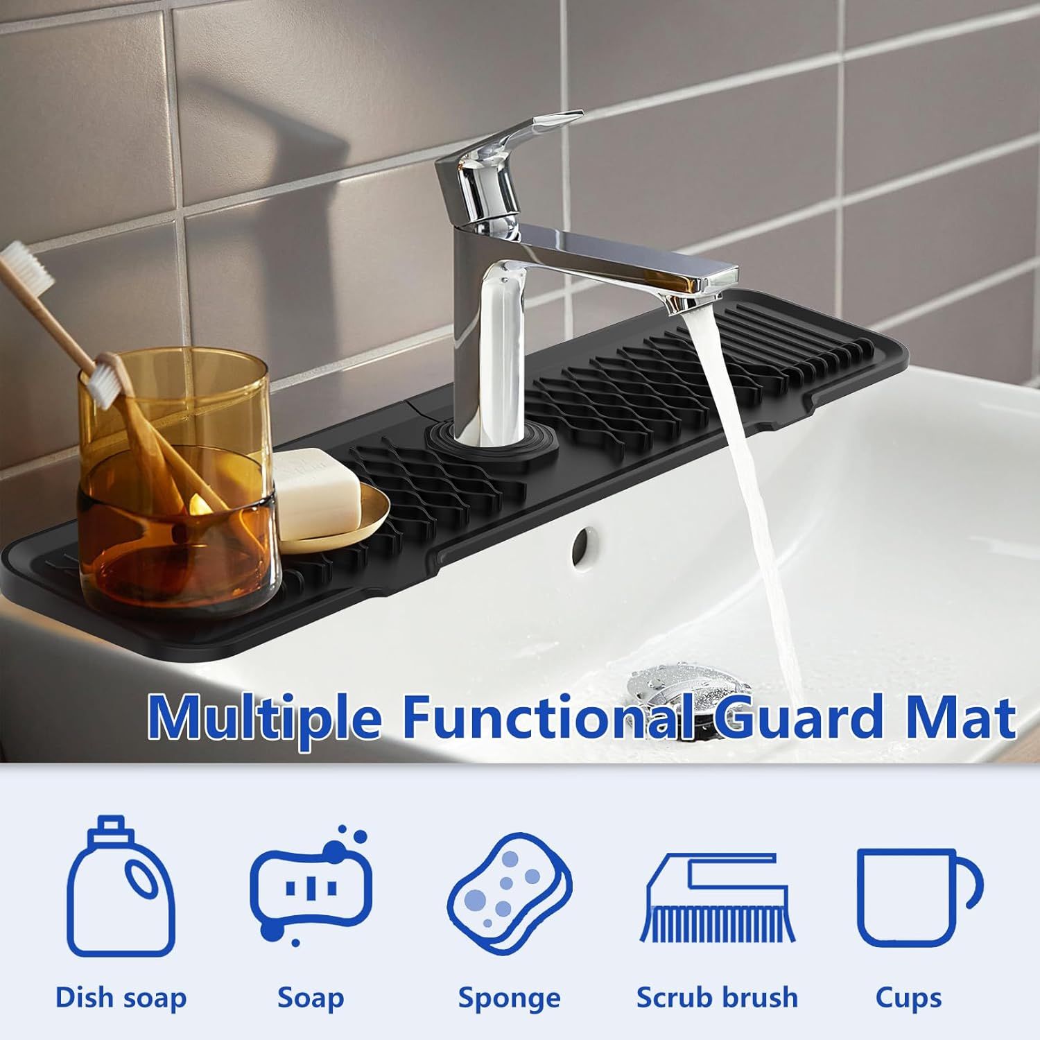61CM Long Sink Splash Guard Mat, Faucet Handle Drip Catcher Tray, Countertop Dish Drying Mats Kitchen Sink Black
