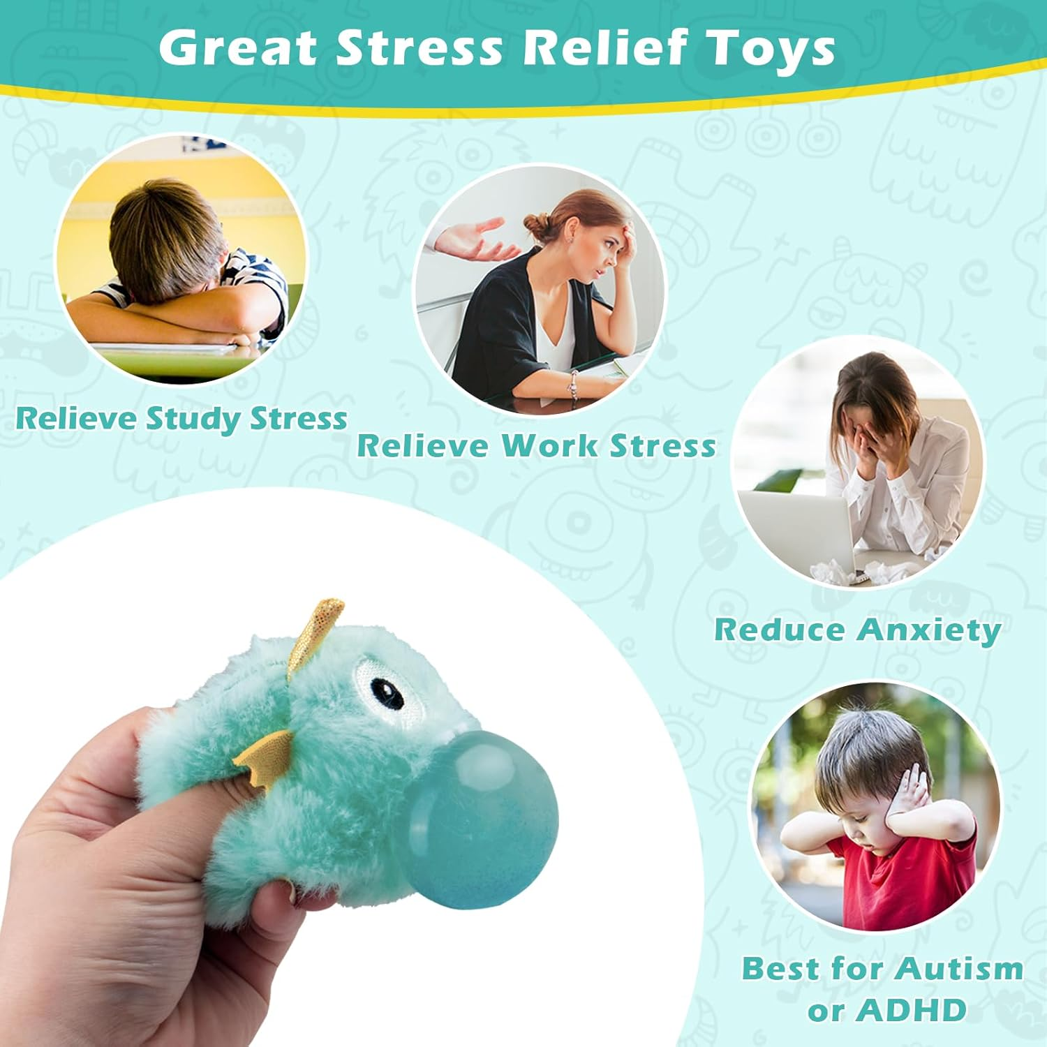 Plush Stress Ball, Squishy Fidget Toys for Kids Adults, Cute Stuff Sensory Toys for Stress Relief, Calming, Focus, Autism and ADHD