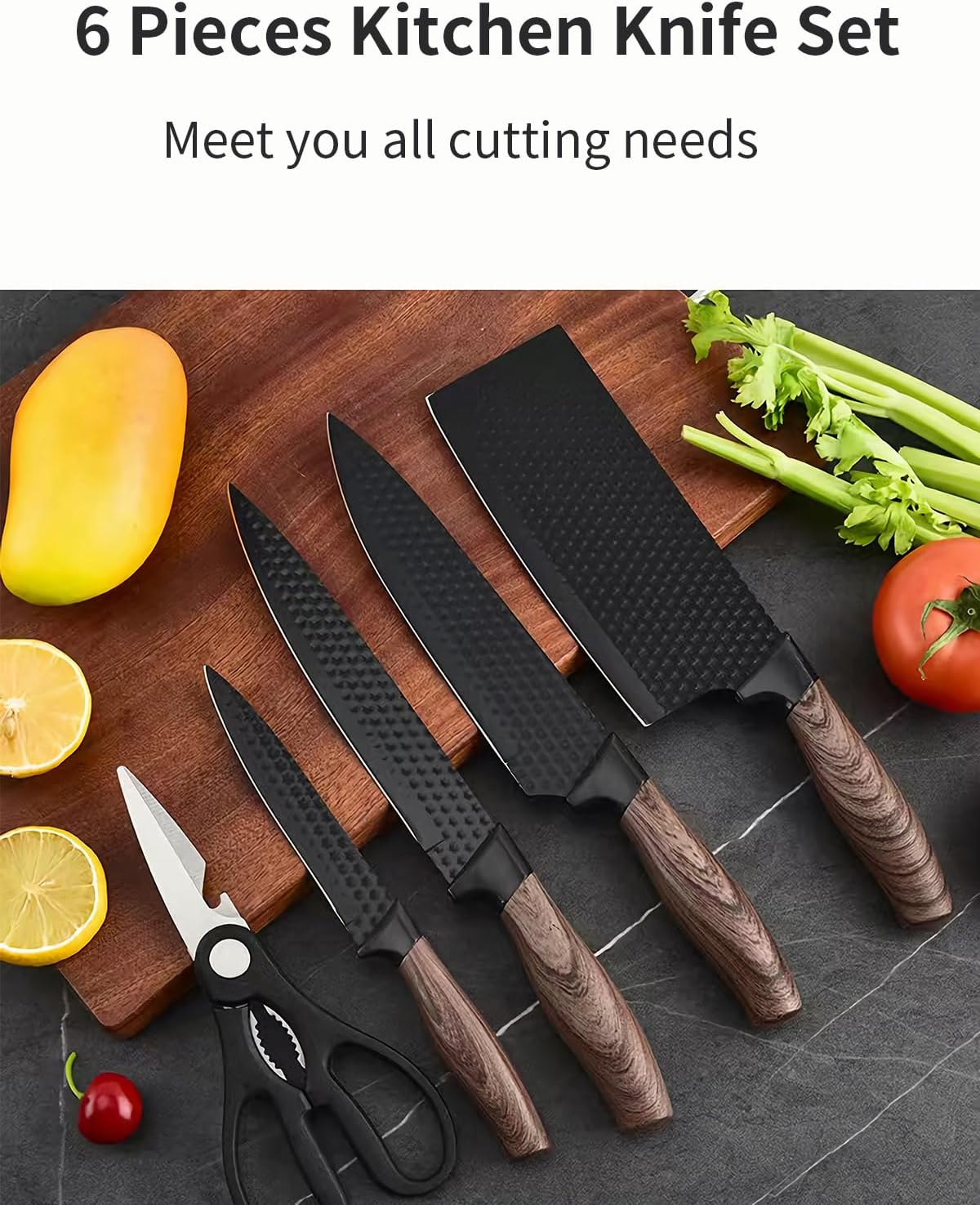 Black 6-Piece Kitchen Knife Set with Block - Includes Chef'S, Santoku, Bread, Paring Knives and Kitchen Shears image number 2