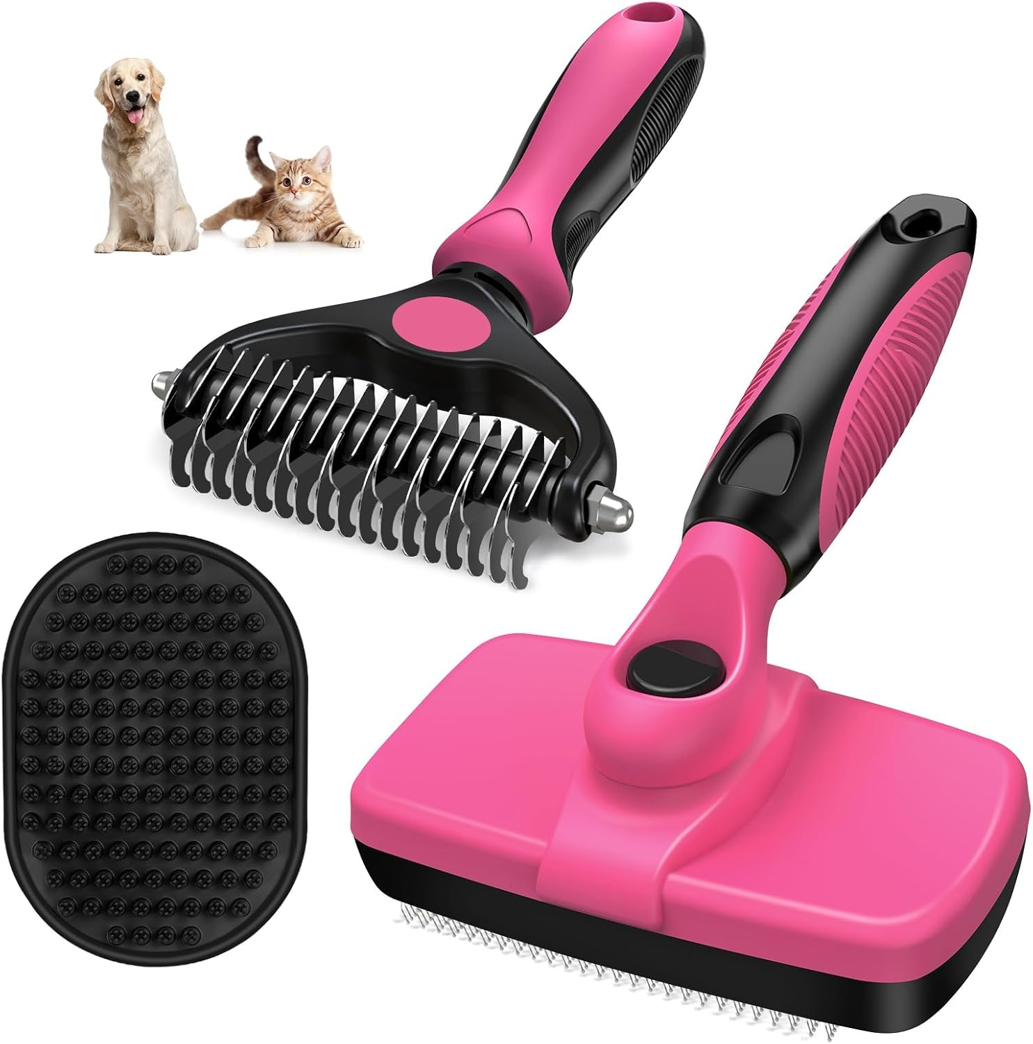 3 Pcs Dog Grooming Kit, Reusable Dog Brush for Shedding, Pet Supplies for Take Out Loose Hair and Tangles, Suitable for Pet Care (Pink Black)