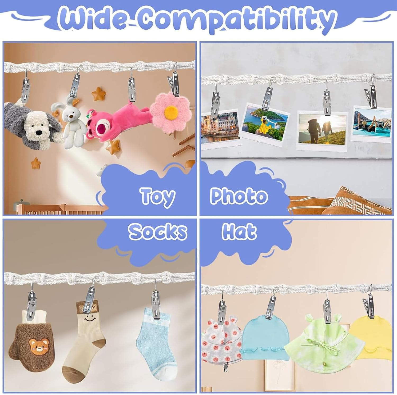 80 Inches Cotton Hanging Storage Chain for Stuffed Animals & Plush Toys, Space Saving Toy Organizer with 20 Metal Clips, Kids Room Decor image number 5