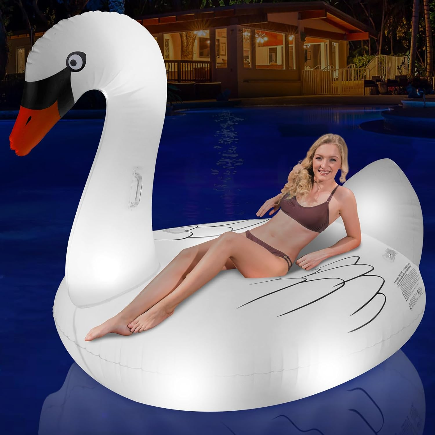 Big Flamingo Pool Floats Solar Powered Swan Pool Floats Adult W/Led Color Changing Lights, 69'' Large Inflatable Pool Floaties W/Cup Holder, Turtle Lake Float Lounger image number 1