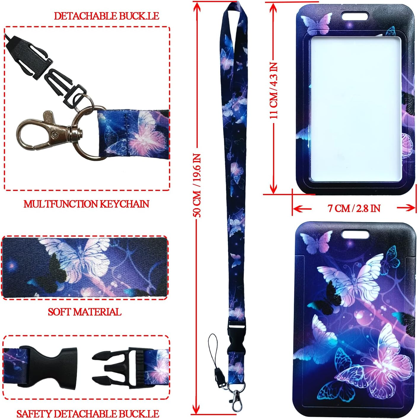 Purple Butterfly Retractable ID Badge Holder with Detachable Lanyard, Fashionable Badge Reel Heavy Duty with Carabiner Clip Lanyards for Keys USB Nurse Medical Student Teacher Office Women Men Gifts image number 3