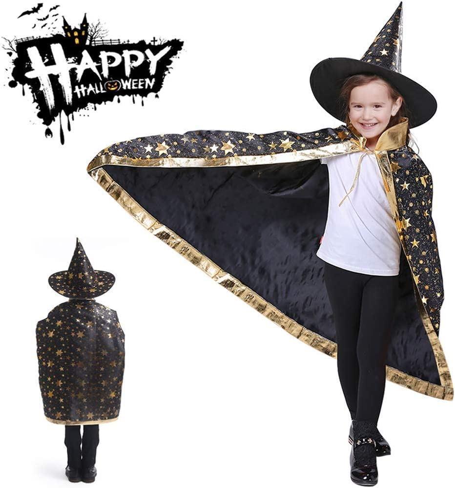 ZZX Wizard Cape Witch Cloak with Hat, Halloween Costume Props for Kids Cosplay Party (Black) image number 1