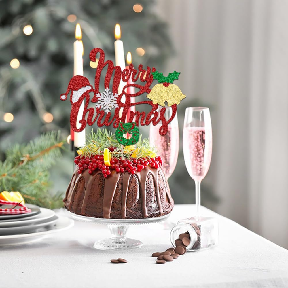 Merry Christmas Cake Toppers Glitter Christmas Eve Xmas Cupcake Picks for Celebrating Merry Christmas Theme New Year Holiday Party Cake Decorations Supplies ﻿ (Merry Christmas （Small Bell）) image number 4