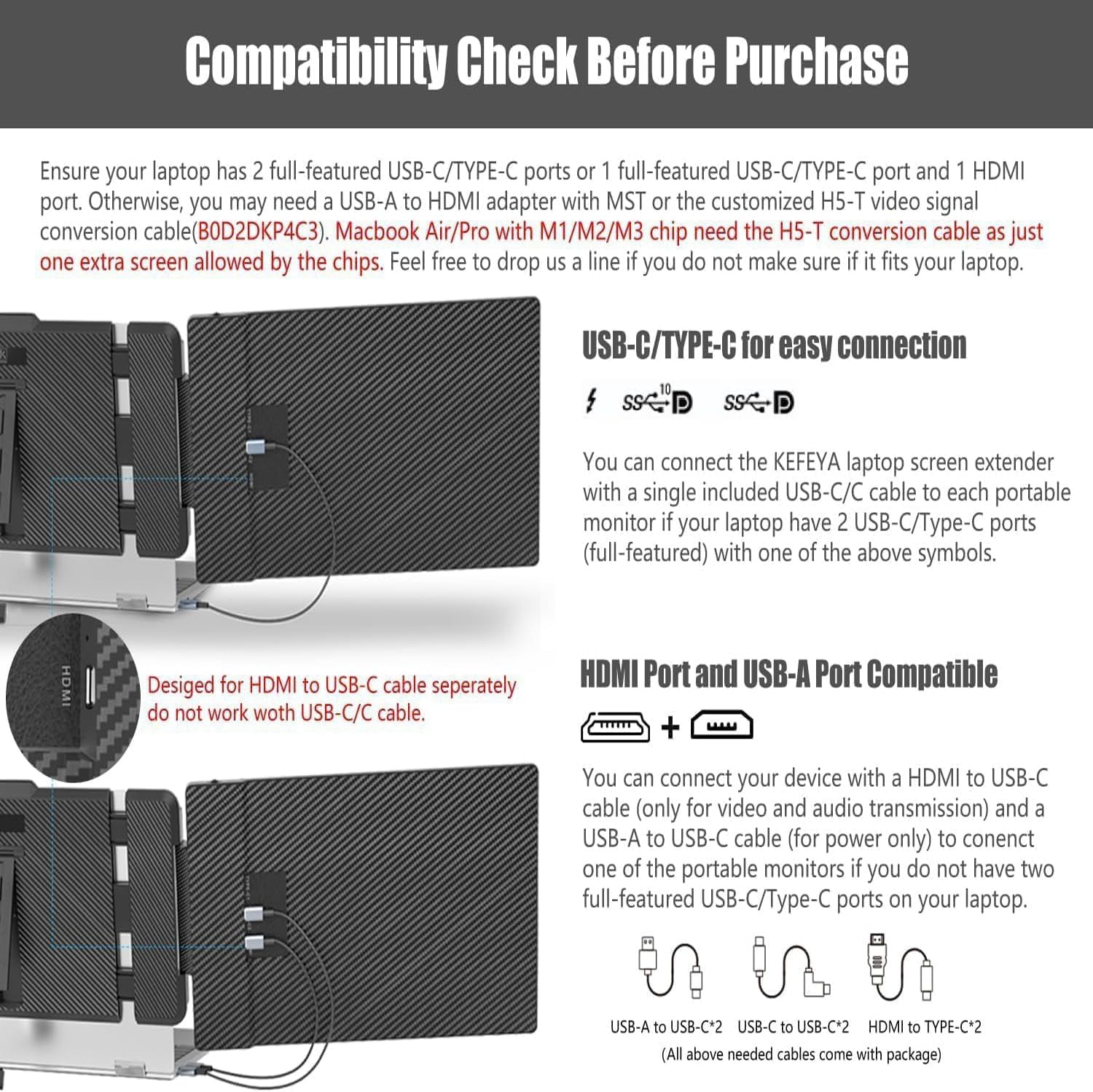 Laptop Screen Extender, 14" Portable Monitor, 1080P FHD Triple Monitor Extender for 13"-17.3" Laptop, HDMI/USB-C for Macbook, Windows, Chrome, Switch, Plug & Play image number 1