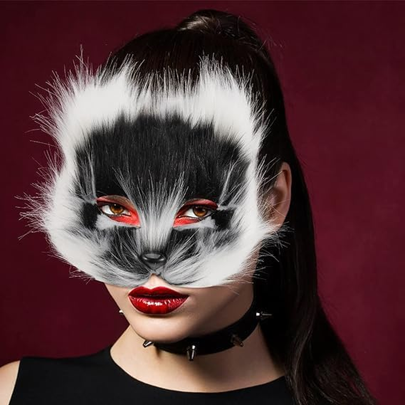 Furry Fox Cat Mask, Therian Plush Animal Half Facemasks for Halloween Cosplay Party Masquerade Costume