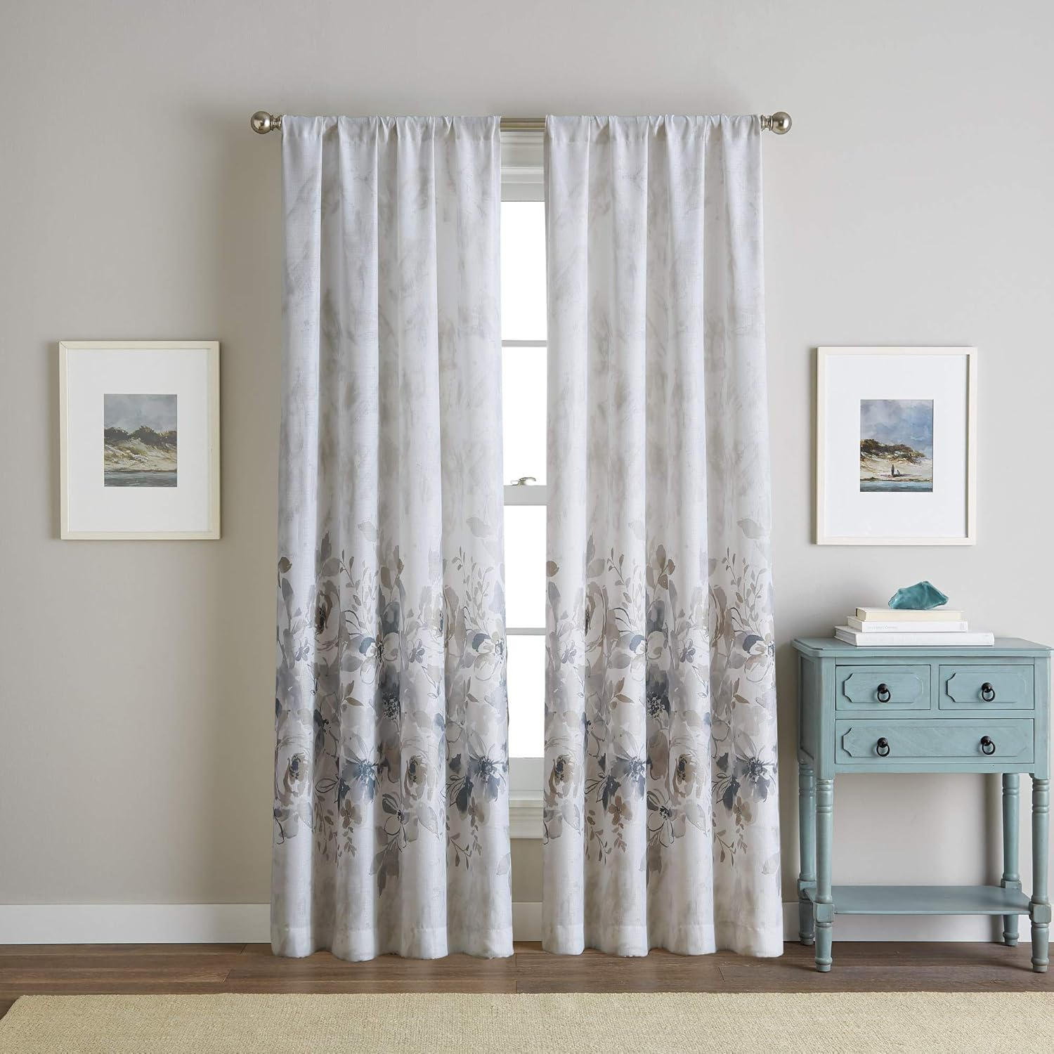 CHF Watercolor Floral Print Flip over Rod Pocket Single Curtain Panel, 95 In, Gold