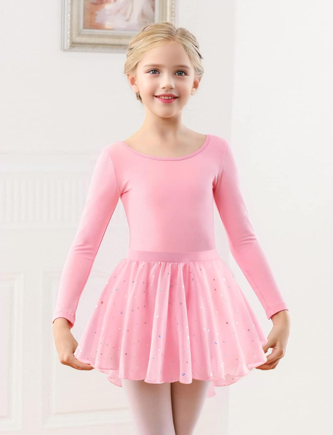 KEOYA Girls Dance Leotards Long Sleeve Ballet Outfits Dance Skirted Leotard Kids Ballet Tutu Dress for 3-11 Years