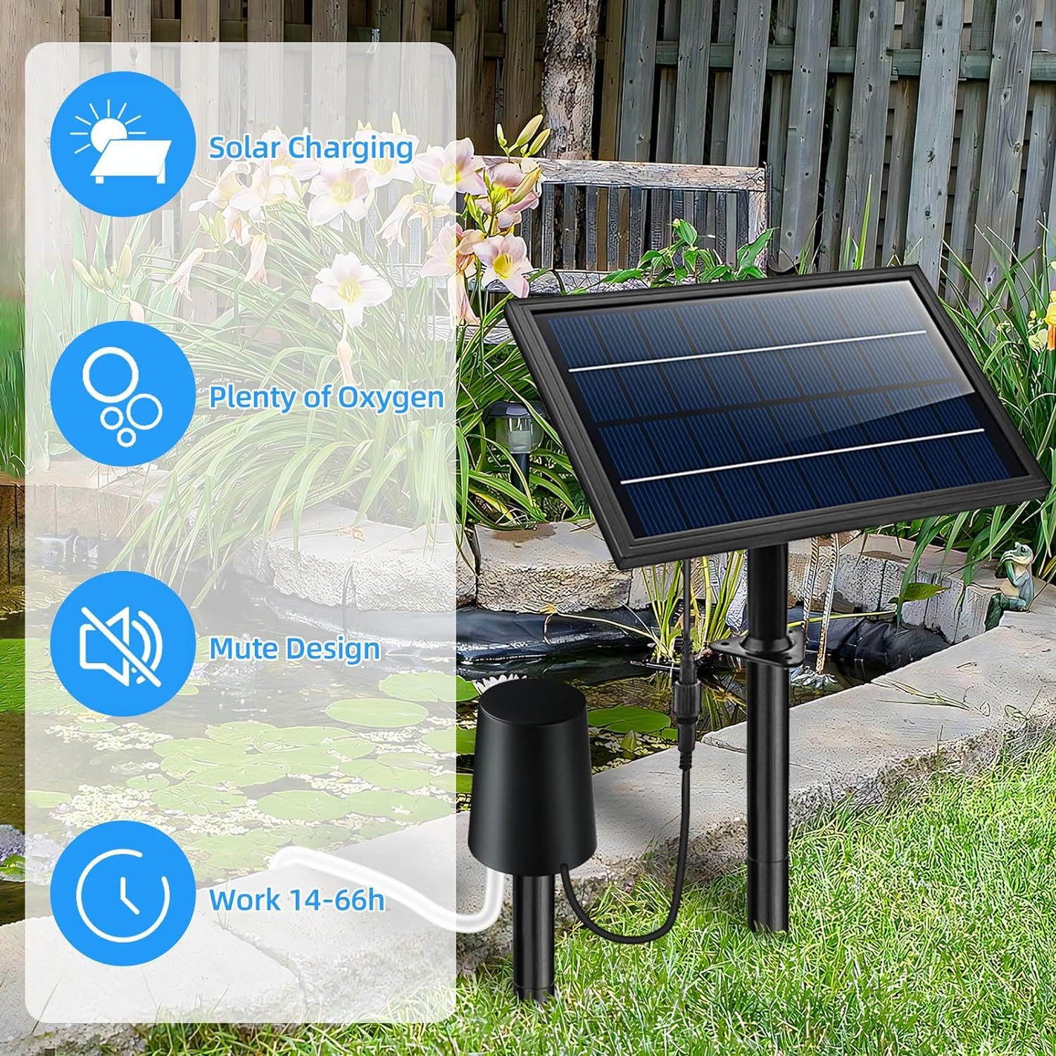 ACAGALA Solar Powered Air Pump Kit 10V 8W Solar Panel Air Pump with Pipe Air Stones 3 Working Modes Waterproof Solar Pond Aerator Oxygenator for Garden Fish Tank Pool Fishing Pond image number 6