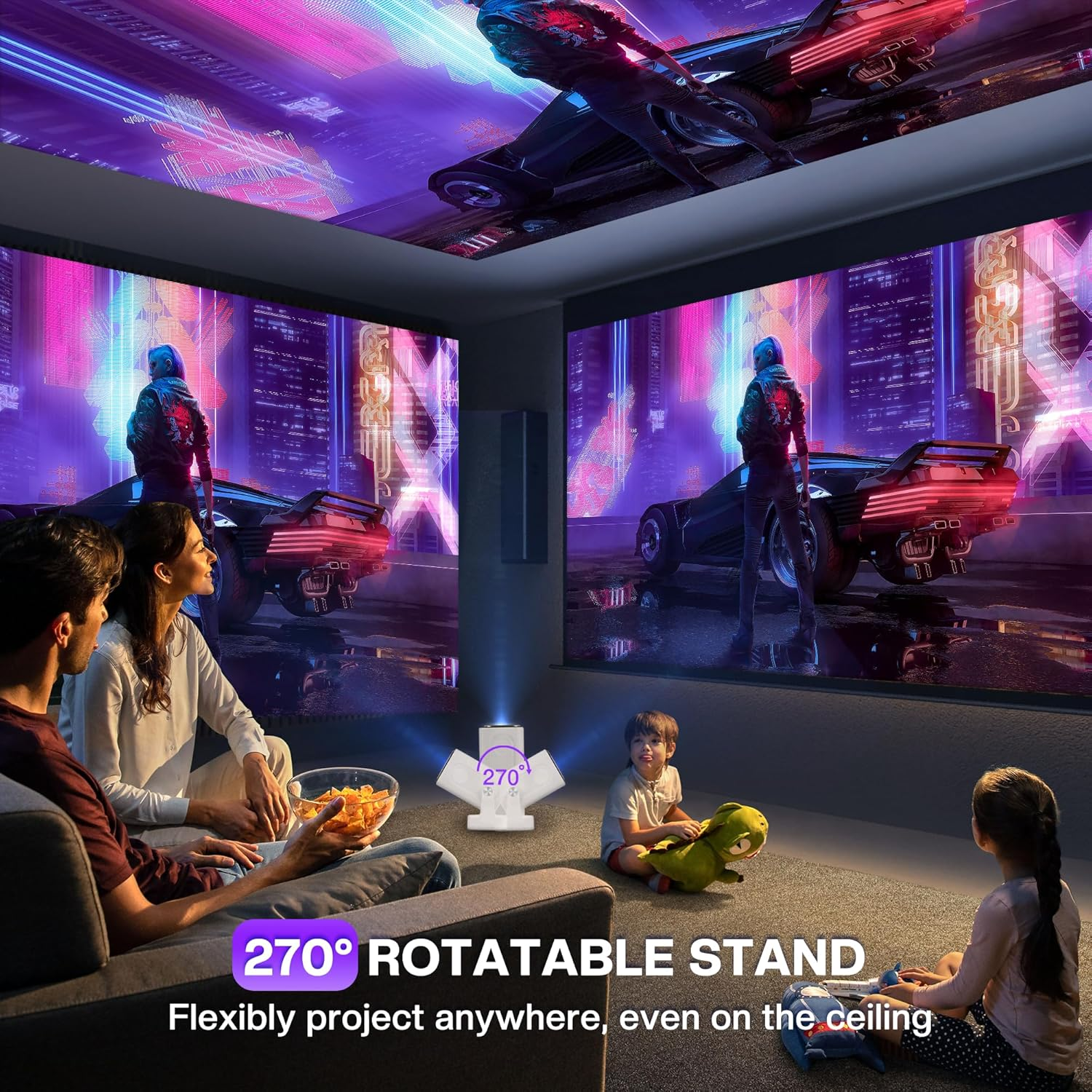 Advwin Mini Projector 4K Support, Full HD 1080P Portable Video Projector, with Dual Band Wifi 6 BT5.4, 200 ANSI, 270&deg; Rotatable, Auto Focus & Keystone, 130" Movie Projector for Phone/Windows/Hdmi - White image number 6