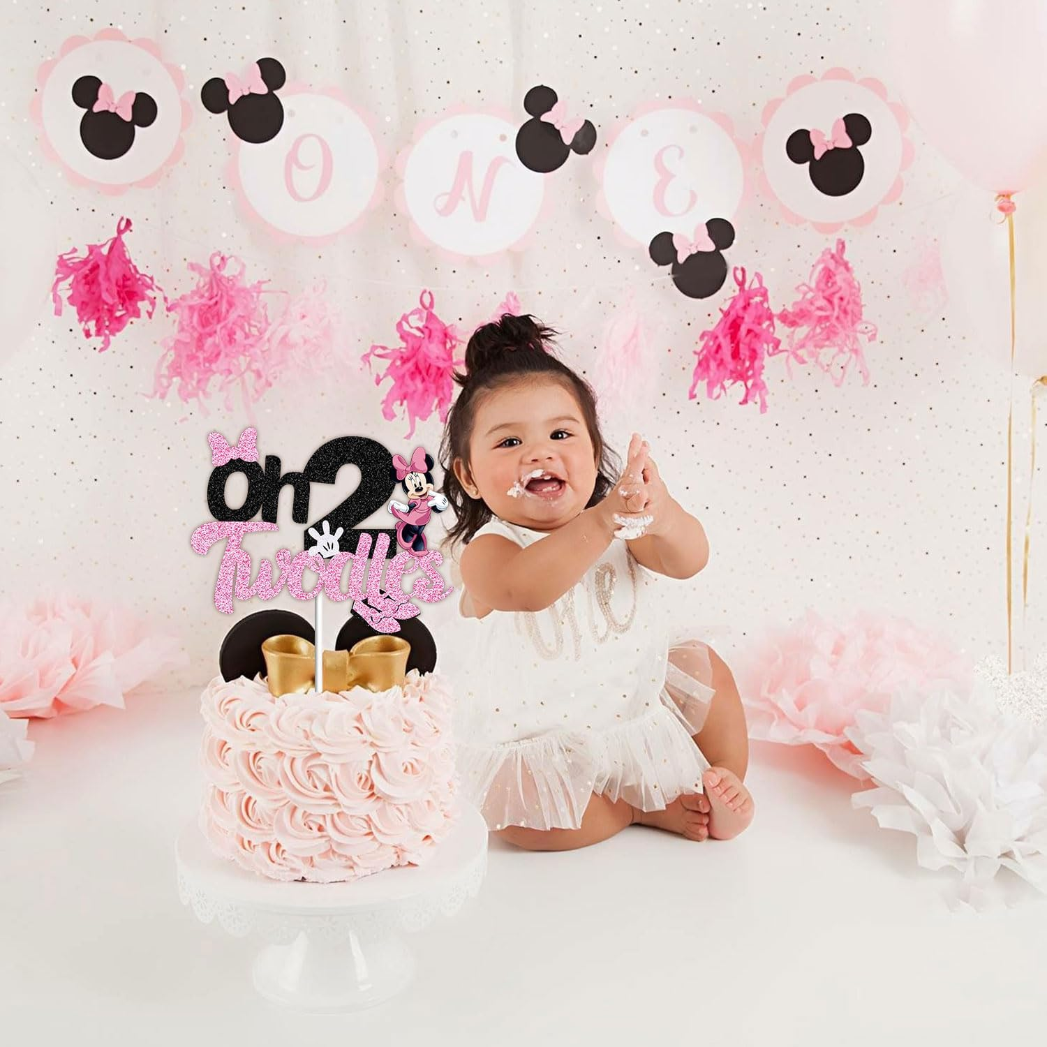 Oh Twodles Cake Topper for Girls, Black Glitter Mouse Second 2Nd Birthday Cake Topper with Pink Bows and White Gloves Girls Birthday Party Decorations Supplies(Double-Sided) image number 3