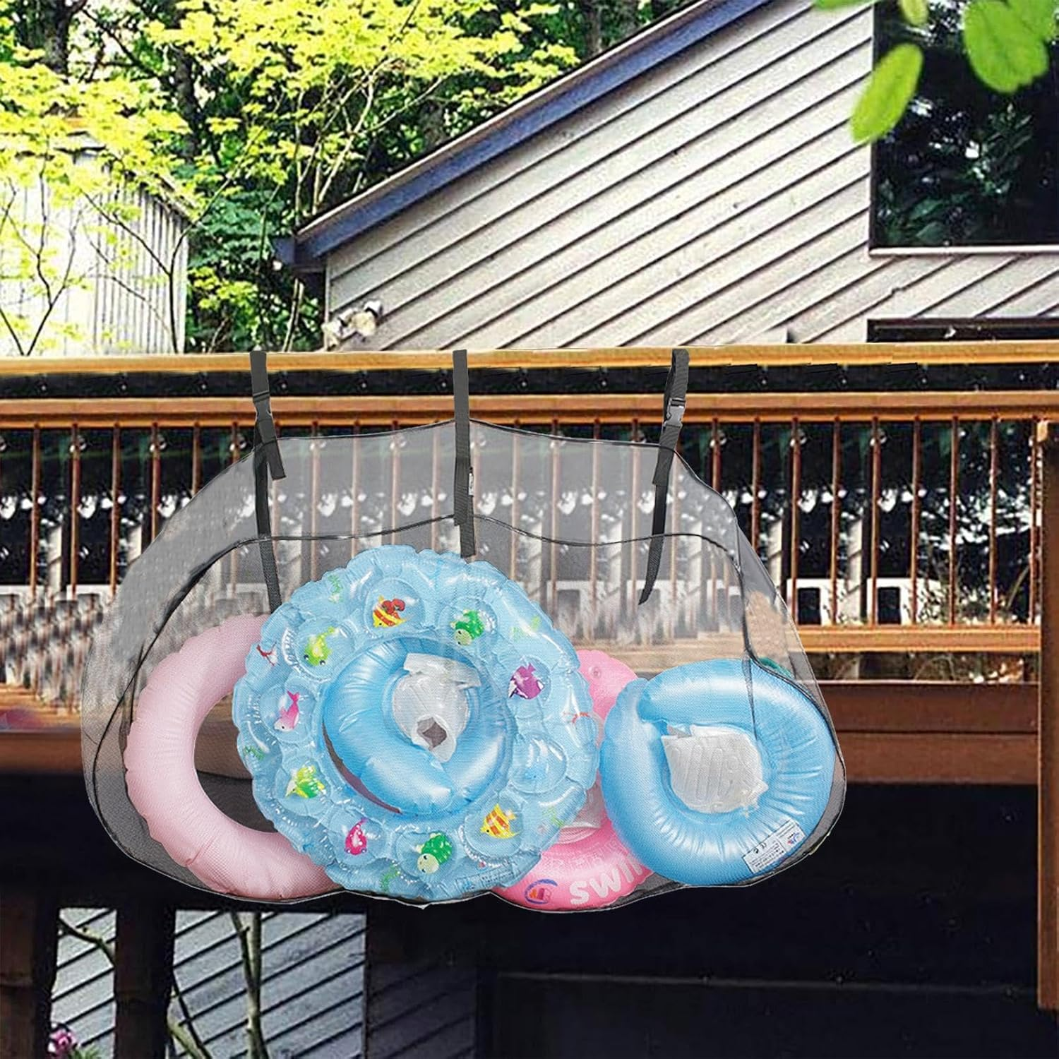 Pool Float Toy Storage Mesh Bag | Swimming Pool Storage Organizer - Large Capacity Adjustable Poolside Pouch, Fence Net Holder for Inflatables image number 6
