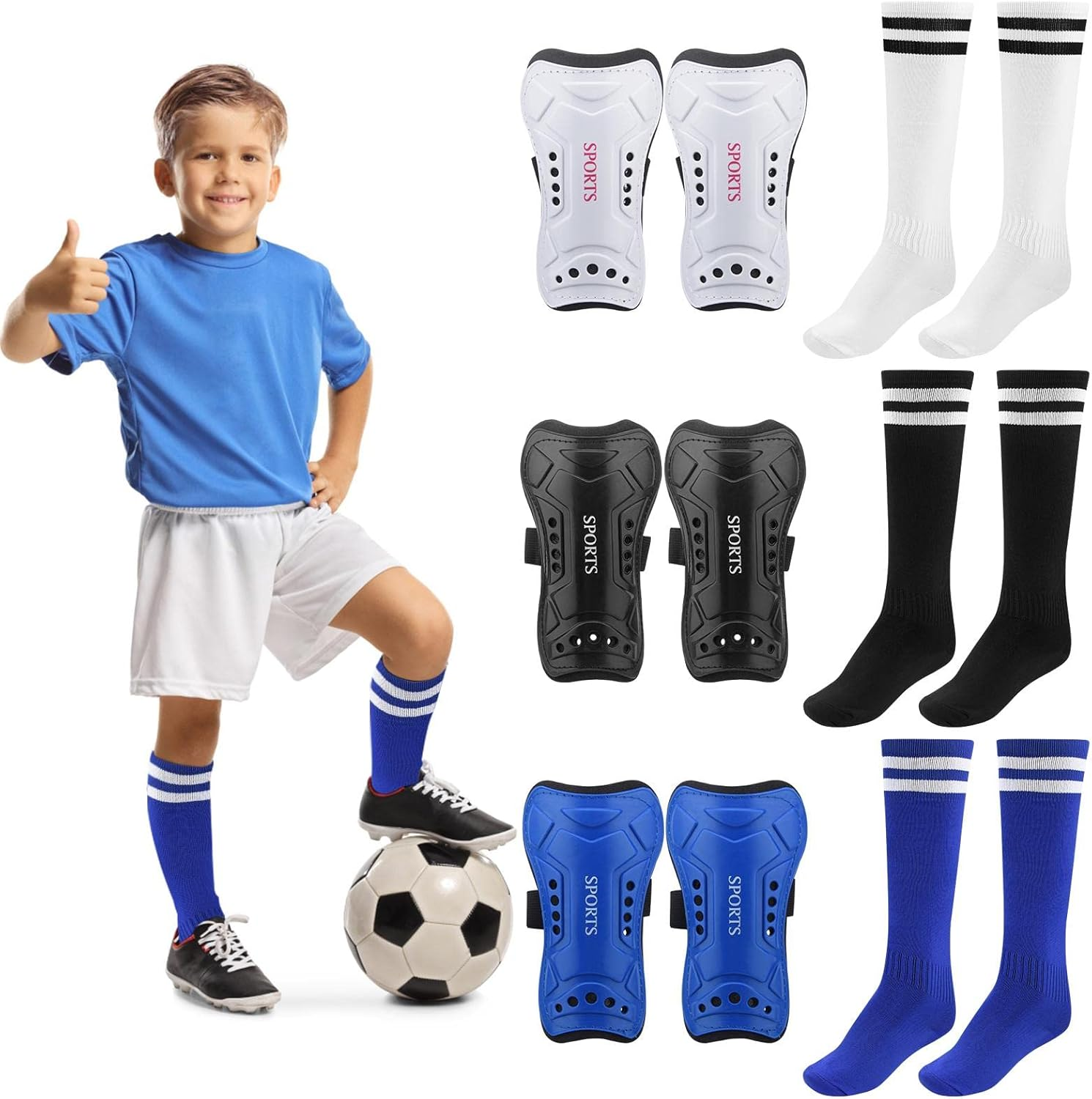 3 Pairs Youth Soccer Shin Guards - Impact Resistant Kids Soccer Shins Guards + 3 Pairs Long Soccers Socks, Flexible Football Shin Pads Protectors for 6-15 Years Old Boys Girls Children Teenagers image number 6