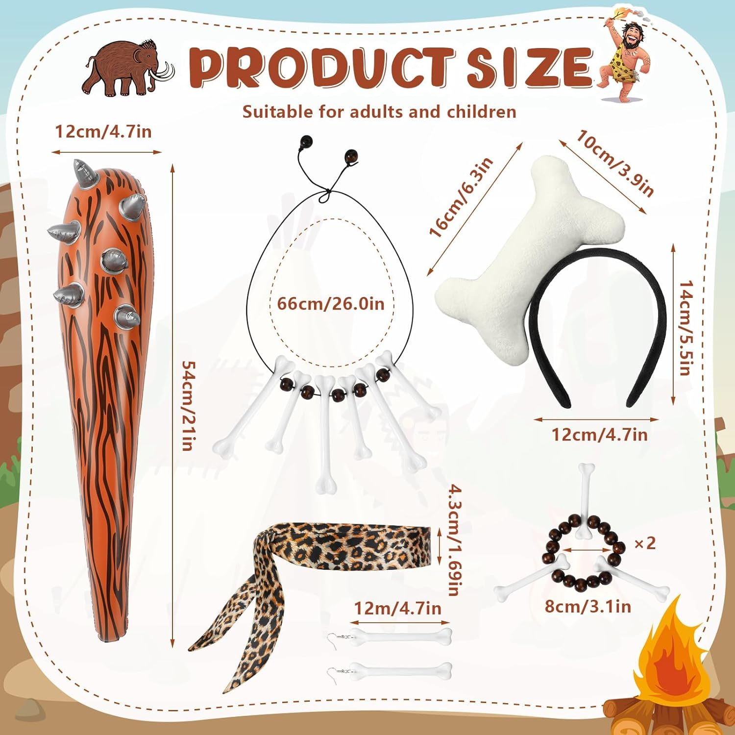 7 Caveman Costume Accessories - Adult & Kids Inflatable Club, Bone Headband, Necklace, Bracelet, Earrings, Leopard Armband - Caveman & Cavewoman Fancy Dress for Halloween & Carnival Party image number 3
