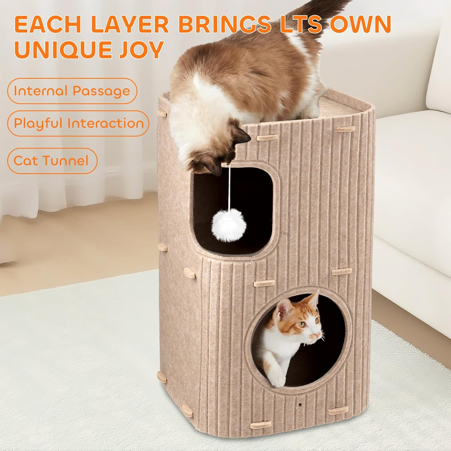 Cat House for Indoor, 2-Tier Cat Cave Beds, Pet Cat House Foldable, Hideaway Cube with Scratch Pad, Ball Hanging and Cushions, for Multi Small Pet Kitten image number 2