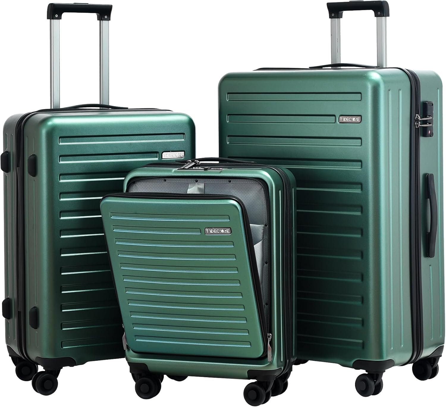3Pcs (20/24/28) Luggage Set, Hardshell Lightweight Only 20" with Front Pocket, 21.65*15.35*7.87" Fits Overhead Cabin, 24" (26*17.7*10.2") and 28" (19.68*11.81*29.92") Checked Luggage, Green