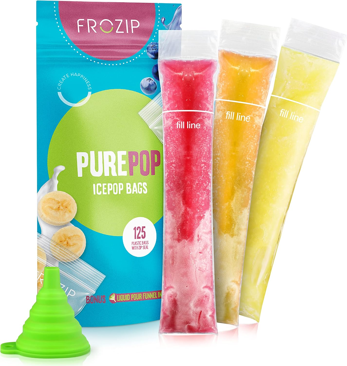 125 Disposable Ice Popsicle Mold Bags| BPA Free Freezer Tubes with Zip Seals | for Healthy Snacks, Yogurt Sticks, Juice & Fruit Smoothies, Ice Candy Pops| Comes with a Funnel (8X2) image number 3