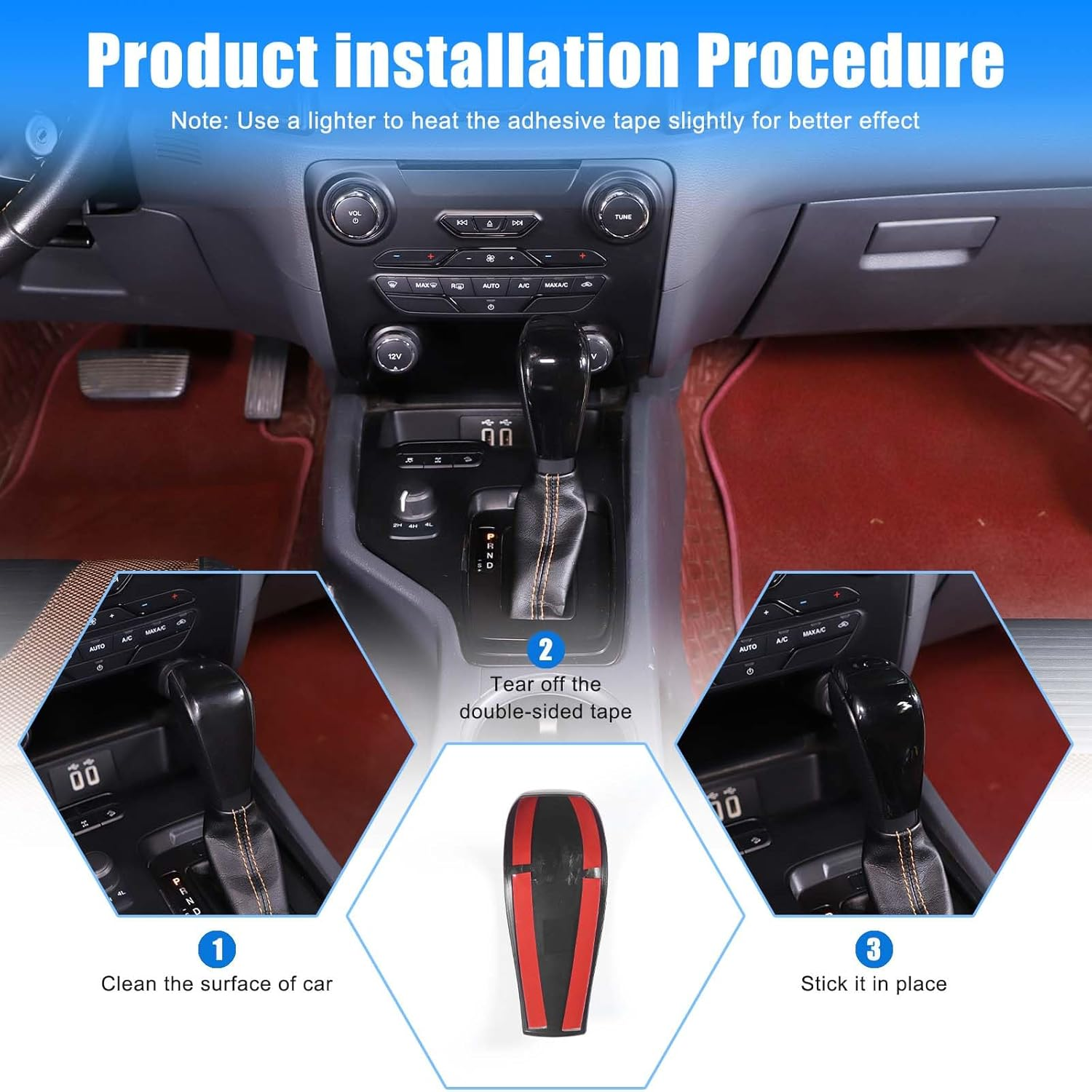 Gear Shift Knob Cover Trim Compatible with Ford Ranger/T6/T7 2015-2018 Accessories | ABS Shifter Head anti Scratch Protector | 1PC Set (Glossy Black) - Carbon Fiber Pattern image number 2