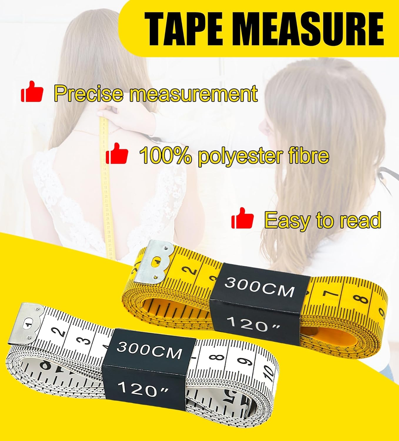 YBVABE 300Cm Measuring Tape for Body, 2PCS Double Scale Soft Tape Measure Body Sewing Flexible for Weight Loss Medical Body Measurement Sewing Tailor Craft Vinyl, Has Inches Scale on Reverse Side image number 3