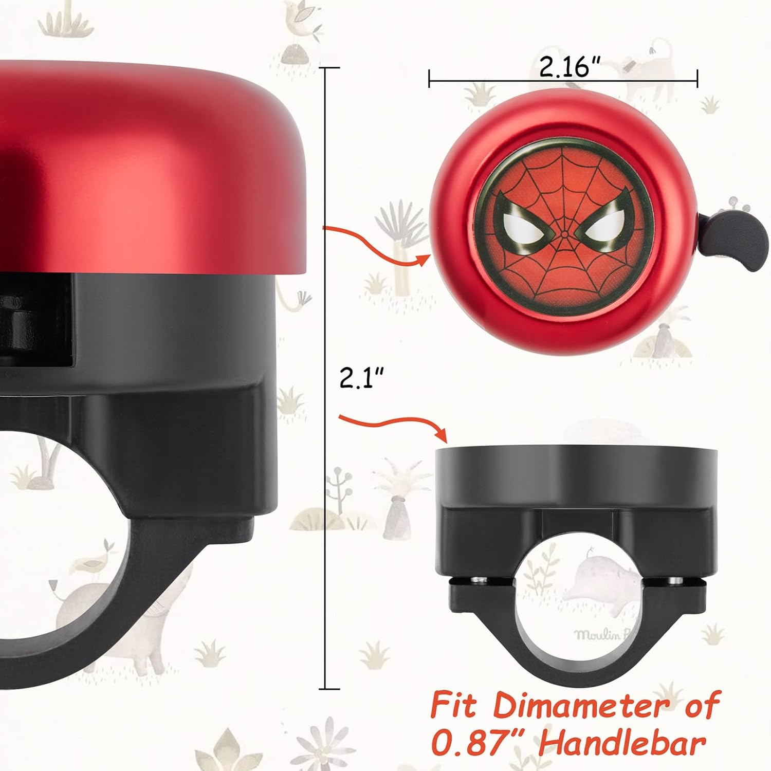 Kids Bike Bell Bike Bell Bike Accessories for Kids Bicycle Bell for Boys Girls with Loud Clear Sound Bike Bells for Adults Toddler Scooter Bells Cute Fit 0.87" Handlebars Red Spider image number 2