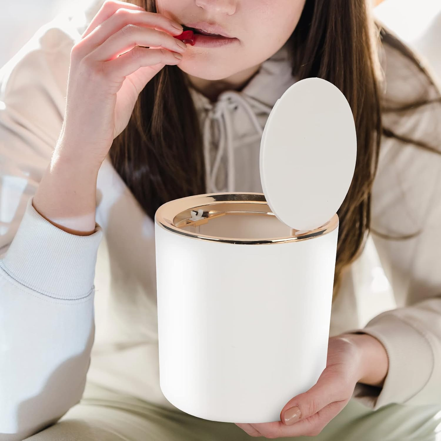 Small Trash Can Wastebasket with Lid round 2.6L Mini Desk Top Bin for Vanity Bathroom Bedroom Kitchen Office,Abs - Light Green image number 3