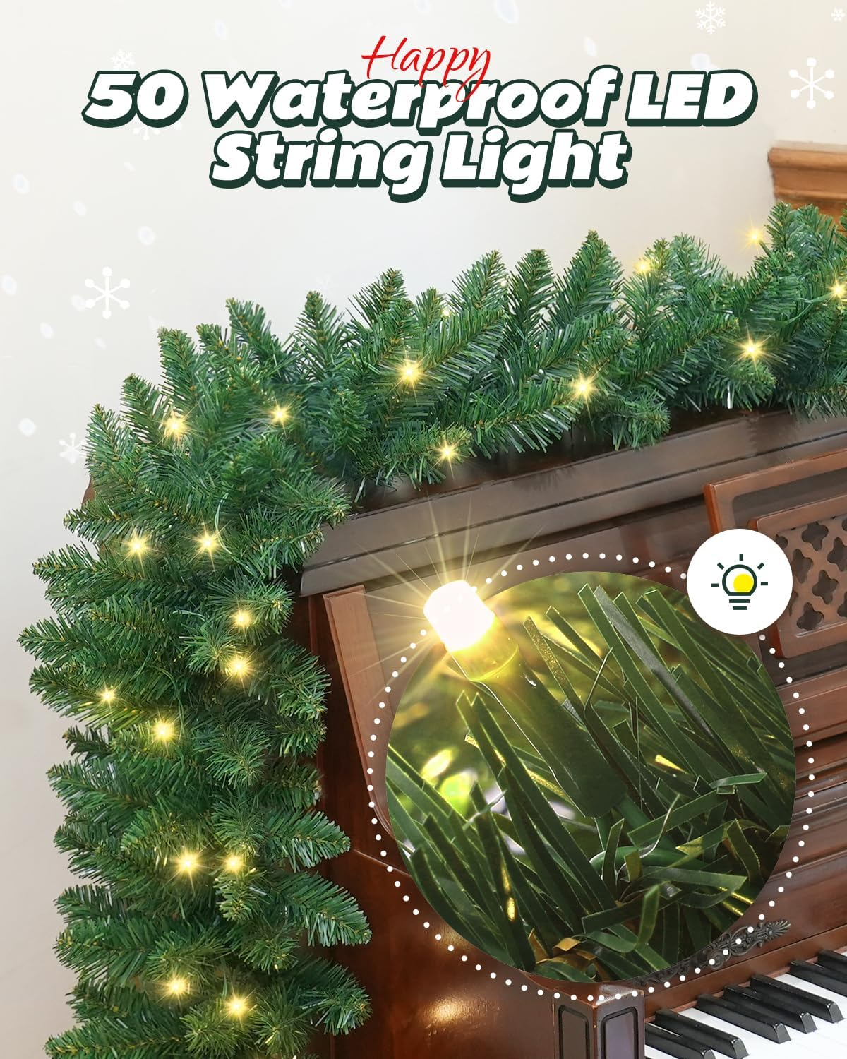 9Ft Christmas Garland with LED Lights Battery Operated, Prelit Xmas Garland for Mantle, Fireplace, Stairs Railing, Artificial Christmas Garland Indoor and Outdoor Decorations image number 5