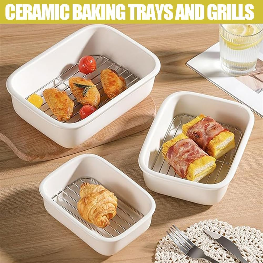 3-Piece Oven Casserole Set, Ceramic Baking Dish Set with Baking Rack, Large Lasagna Dish, Ceramic Tableware, Home Oven Baking Dish Bowl, Square Baking Dish for Cooking, White image number 1