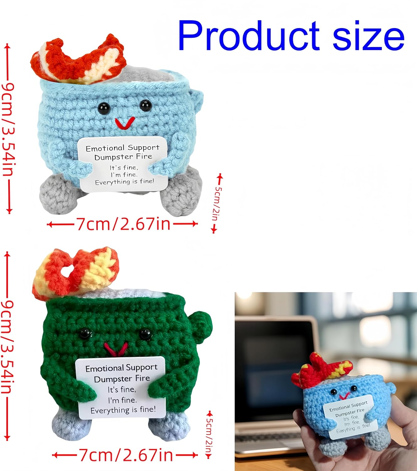 2Pcs Emotional Support Dumpster Fire Doll with Positive Card Positive Crochet Funny Handmade Cute Gifts image number 1