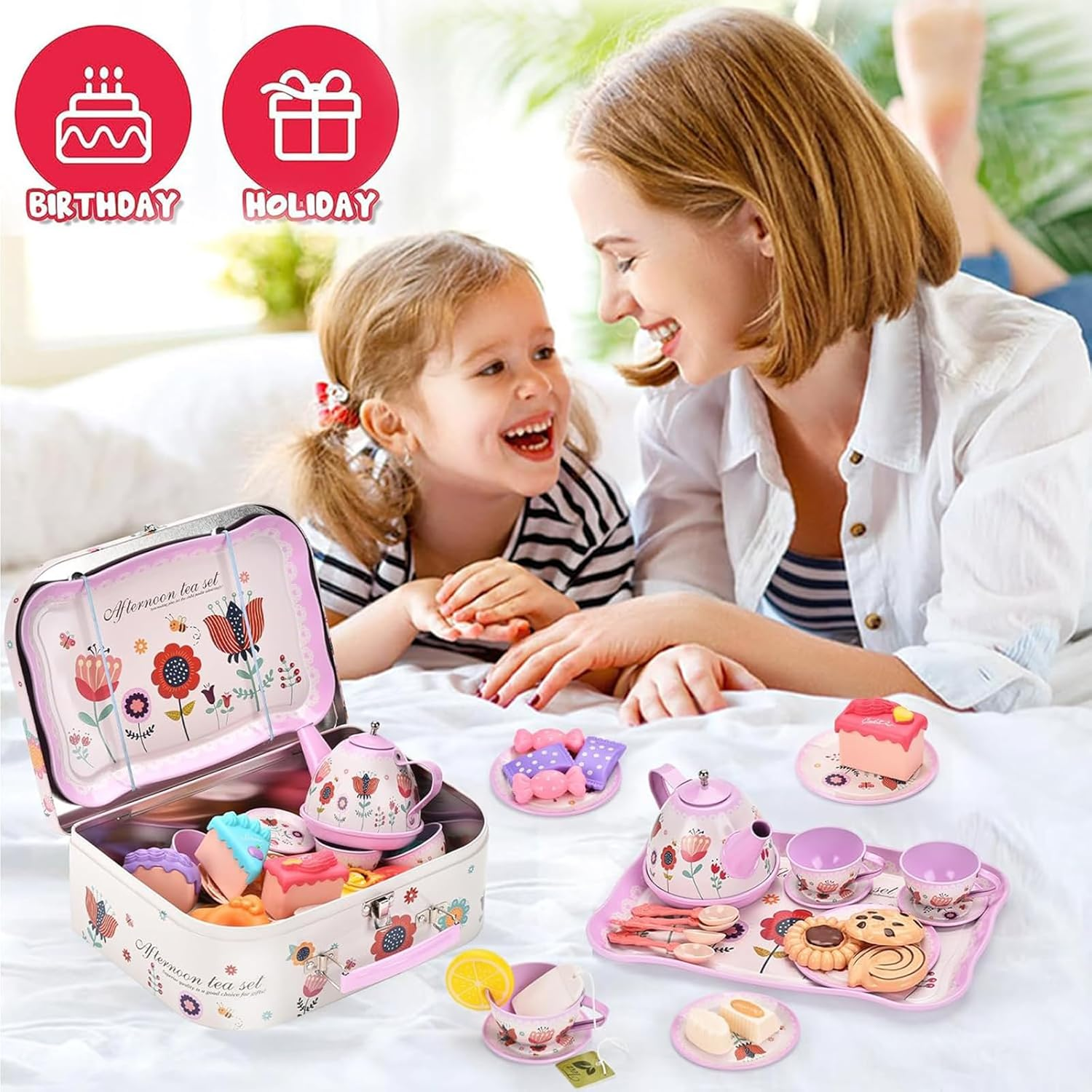 Tea Set for Little Girls, Birthday Gift for Age 3 4 5 6 Year Old, Toddler Toys Tea Party Set for Little Girls, Princess Kids Kitchen Pretend Toy with Tin Tea Set, Desserts & Carrying Case image number 2