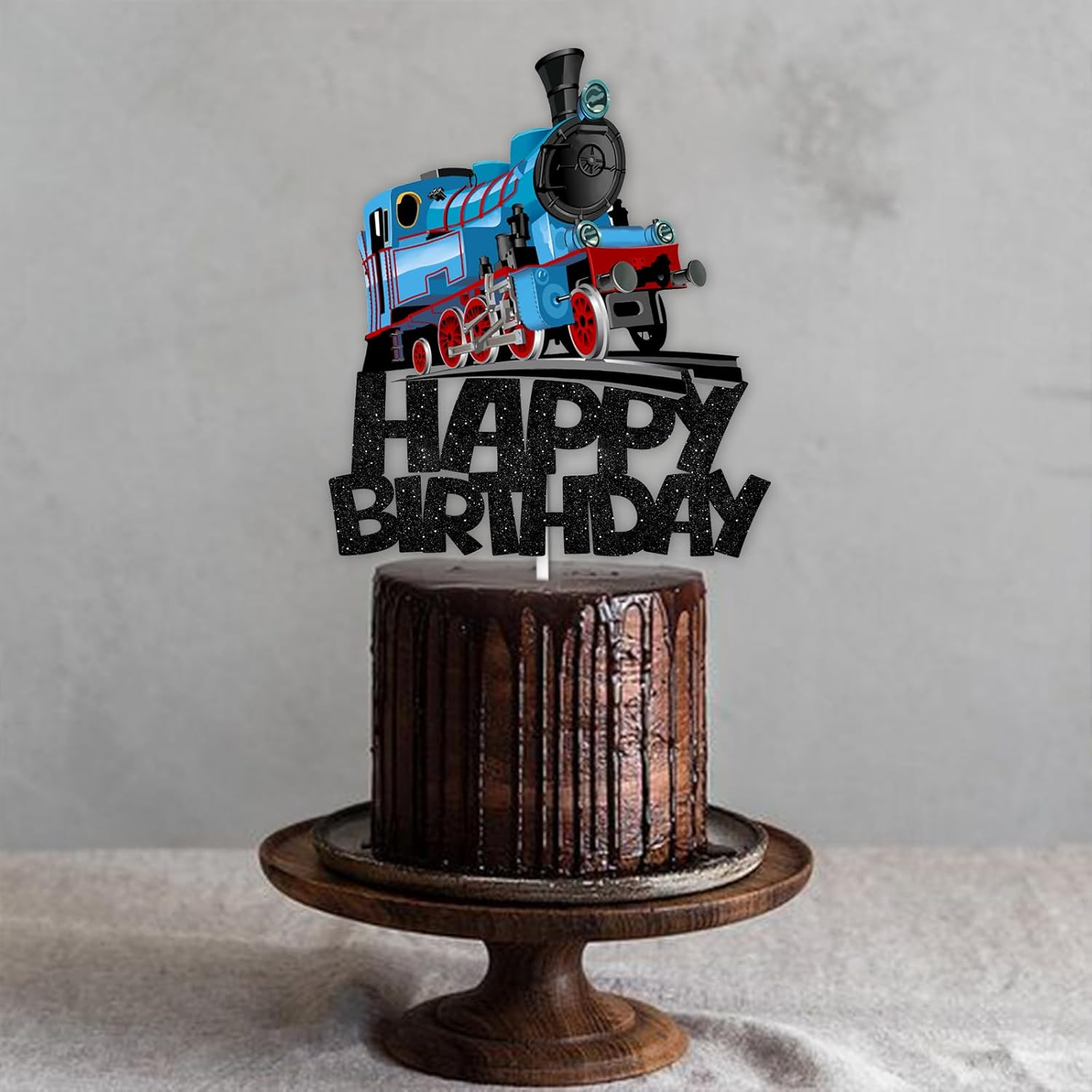 Black Glitter Happy Birthday Cake Topper Cheer to Transportation Train Railroad Crossing Theme Decor Supplies Baby Shower Children Boys Girls Happy Birthday Party Decorations image number 2