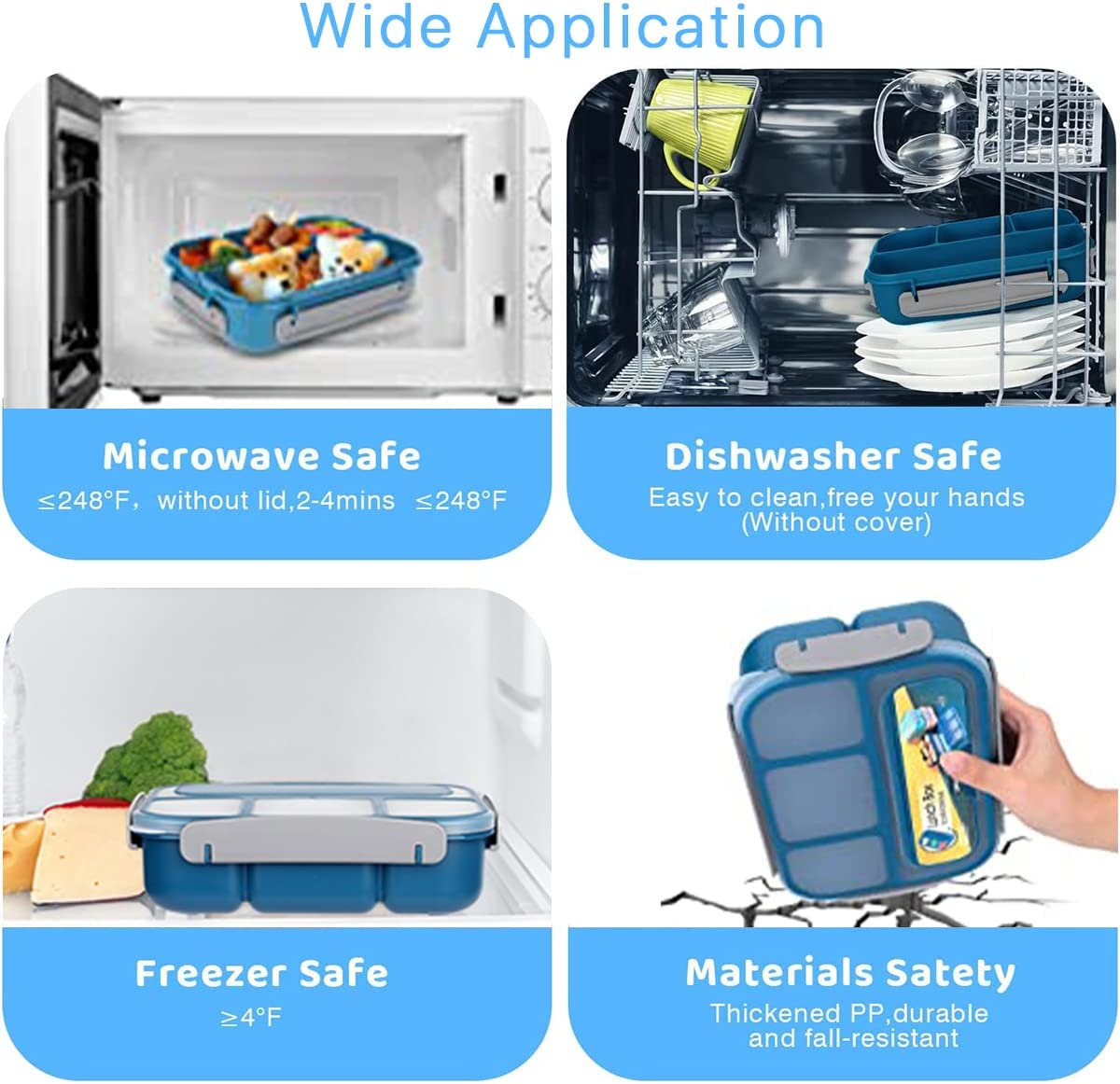 Bento Lunch Box, 1300Ml 16 Pcs Bento Box Adult Lunch Box,4 Compartment Bento Box Lunch Box Containers, Leak-Proof,Microwave/Dishwasher/Freezer Safe (Blue) image number 1