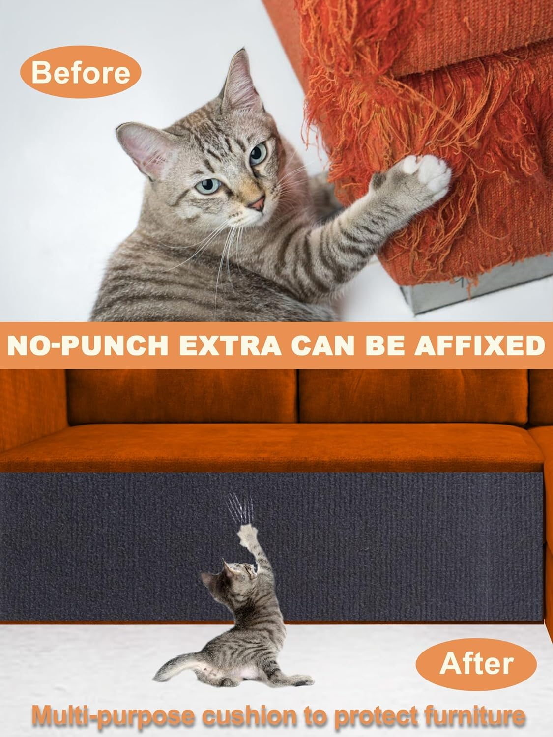 Cat Scratching Mat 78.7"X15.8" Self-Adhesive Trimmable DIY Cat Wall Climbing Carpet, Cat Couch Protector, Cat Scratching Pad Replacement (Black) image number 2