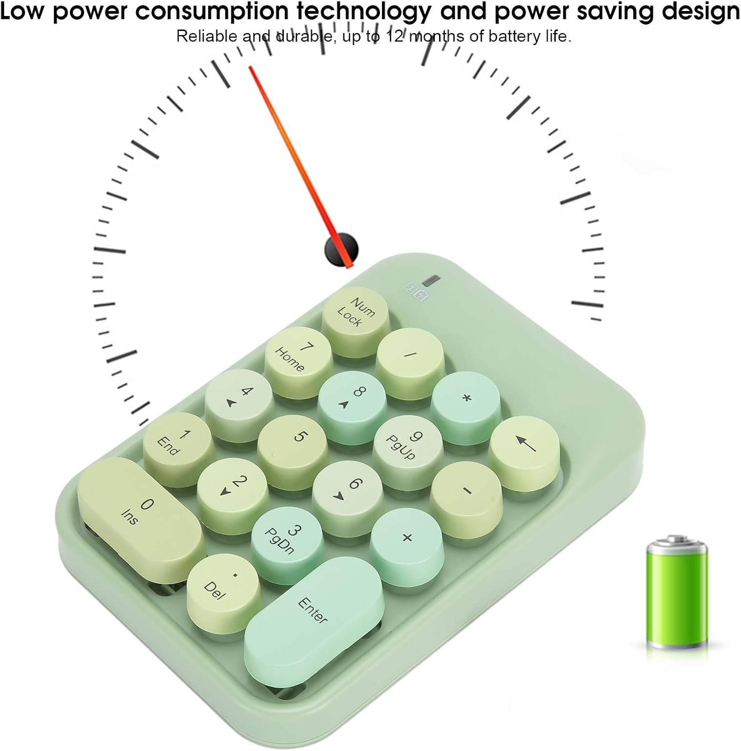 Wireless Numeric Keyboard, 18 Keys Chocolate round Keycap Retro Typewrite Numeric Keyboard 2.4Ghz Portable Silent Number Keyboard with USB Receiver for Laptop, Notebook, Mac (Fantasy Green) image number 4