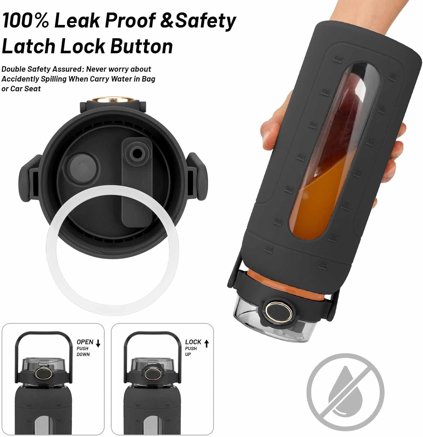 Tronco 64 Oz Glass Water Bottles with Straw and Handle Lid,Half Gallon Water Bottle with Silicone Sleeve&Time Marker,Large Reusable Motivational Glass Water Jug Leakproof for Gym/Workout/Travel image number 5