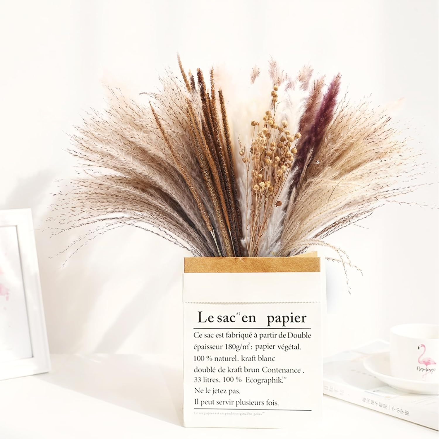 90Pcs Natural Pampas Grass Natural Dried Flowers Bouquet Fluffy Pampas Grass Decor with 5 Different Flower Variants Ideal for Vases Decoration Boho Room Decor Wedding Decor image number 6