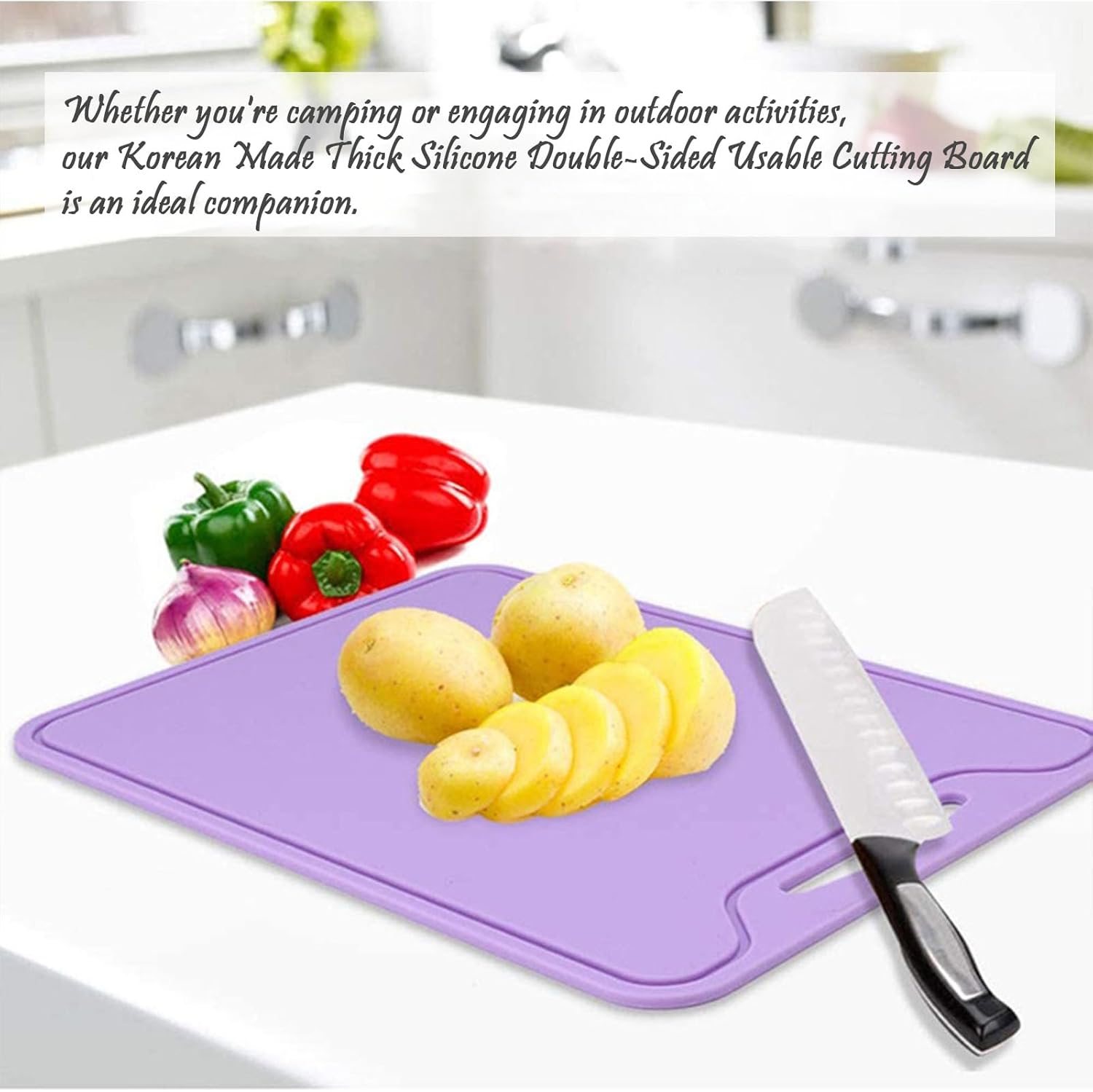 Thick Silicone Cutting Board, Dual-Sided, Non-Slip, Juice Groove, Foldable, 11.65In * 8.58In, Yellow, Orange, Lavender, Purple, Blue image number 5