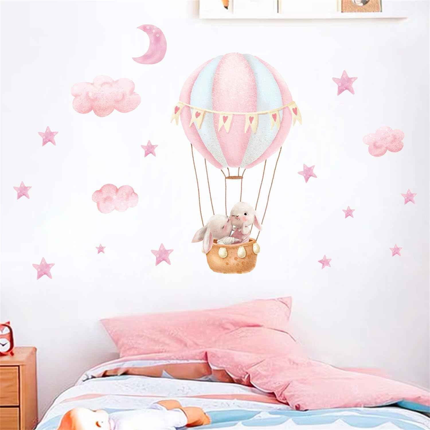 Pink Cloud Hot Air Balloon Rabbit Wall Decal Cute Bunny Moon and Stars Wall Stickers Baby Girls Room Nursery Decor image number 1