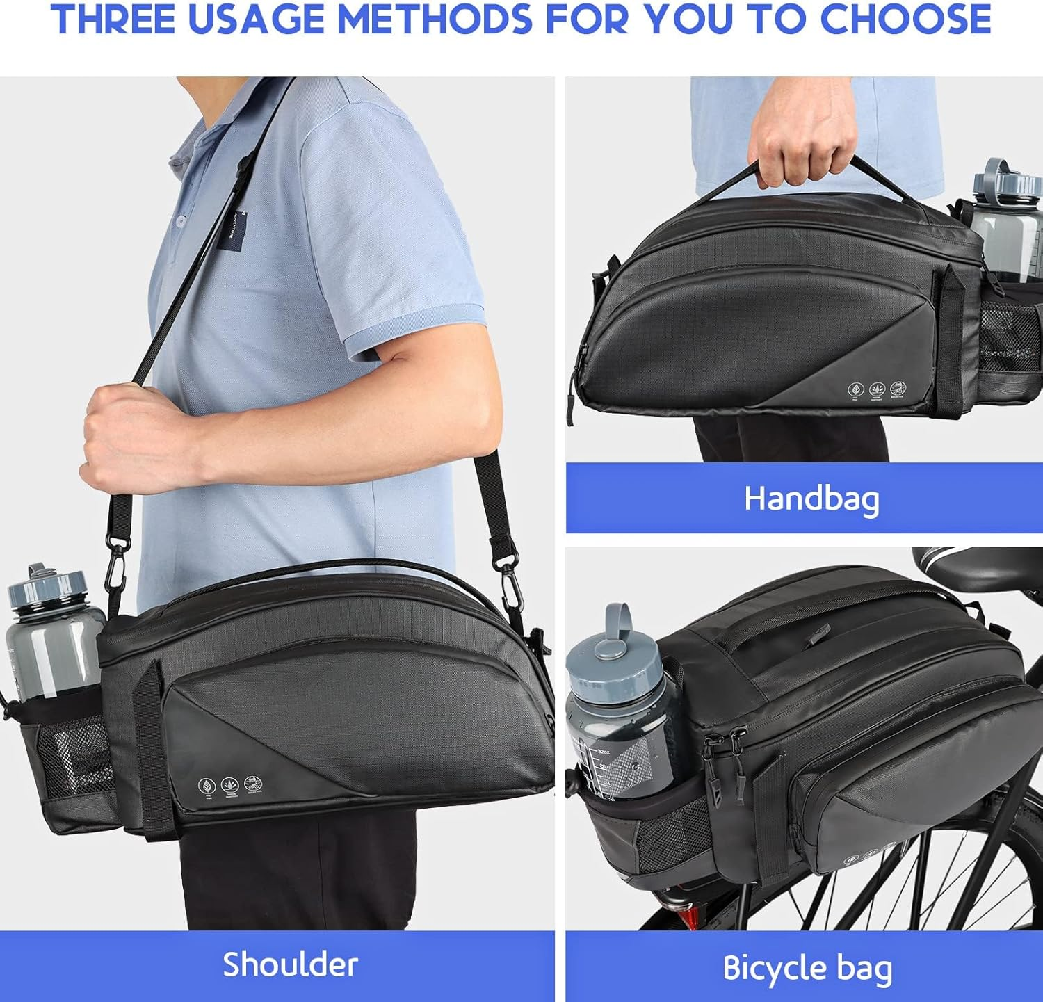 QYCHHJ 12L Bike Bags for Bicycles Rear Rack, Reflective Bike Rack Bag with Water-Resistant Zippers, Waterproof Bike Trunk Bag with Side Pockets Pannier Bag for Bike Accessories