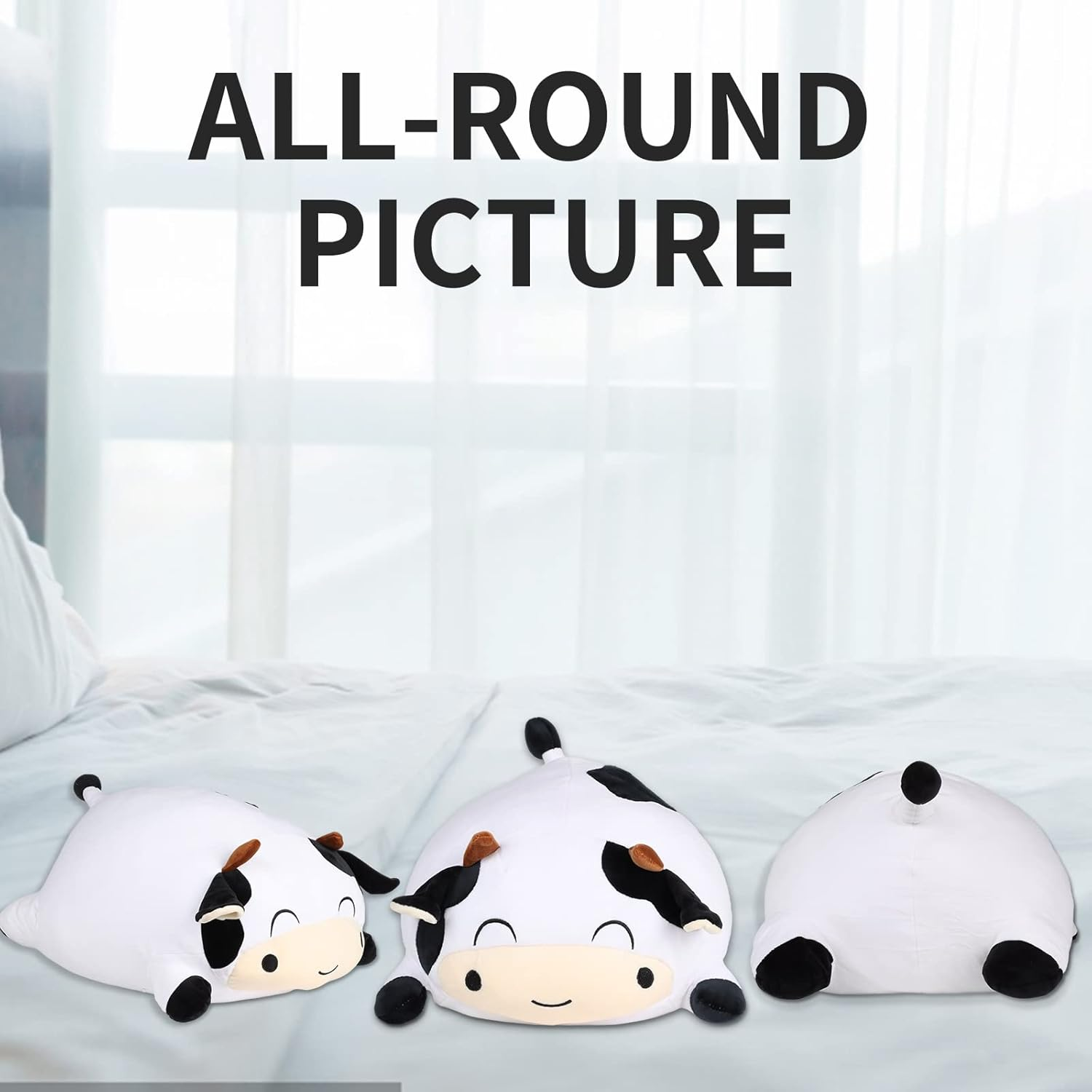 Cow Stuffed Animals Plush Throw Pillow, 13.7" Cute Super Soft Plushies Body Pillow, Kawaii Squishy Cow Plush Toy for Kids Children Xmas Birthday Gifts (Smiling Eyes)