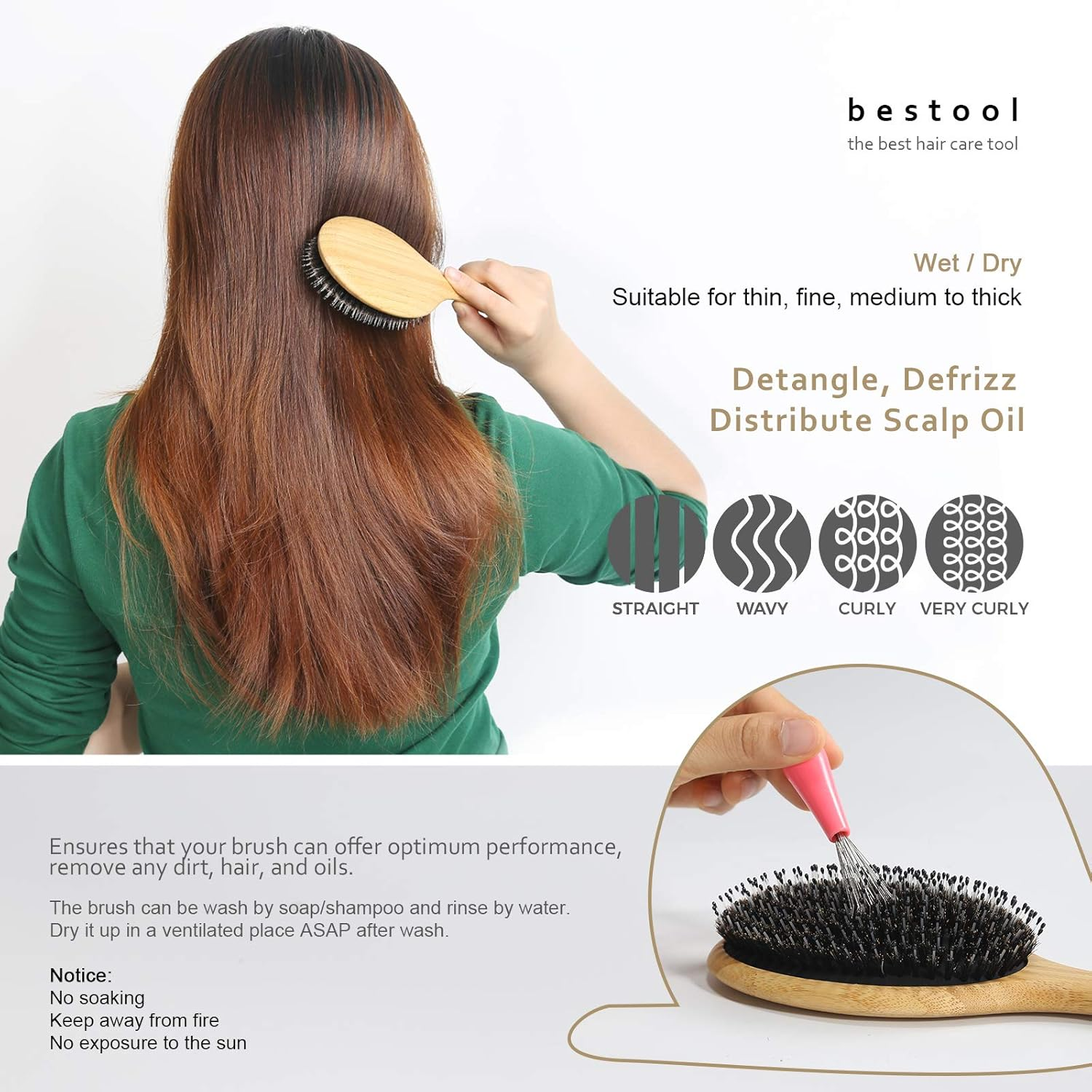 BESTOOL Pack of 2 Hair Brushes (Normal & Small), Boar Bristle Brush Home and Travel Hair Brushes, Bamboo Styling Brush for All Wet or Dry Hair