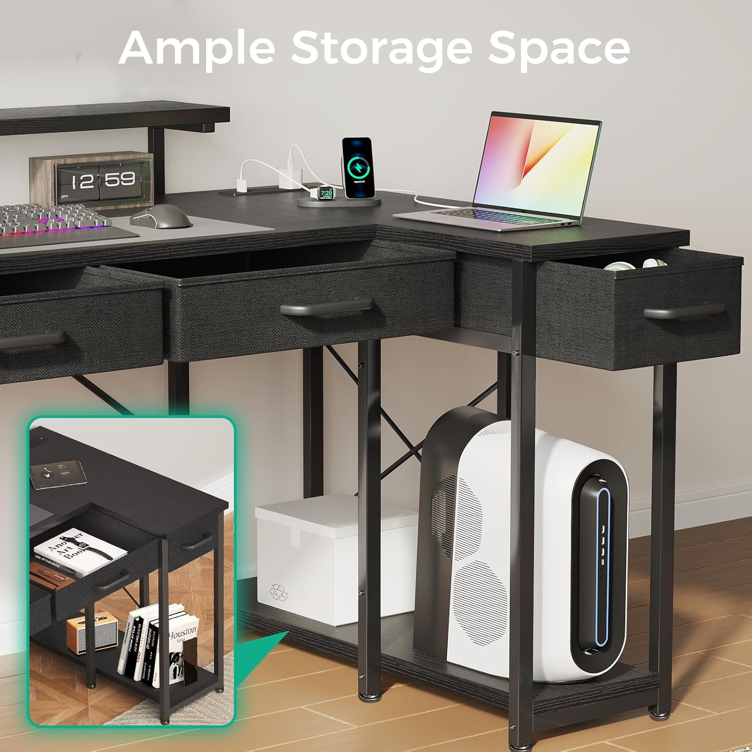 ODK L Shaped Computer Desk with 10 Colour RGB LED Lights&2 AC Outlets, Home Office Desk with Flexible Monitor Stand, Corner Desk with 3 Drawers Reversible Storage Shelves，126 * 80 * 92.7Cm, Black image number 6