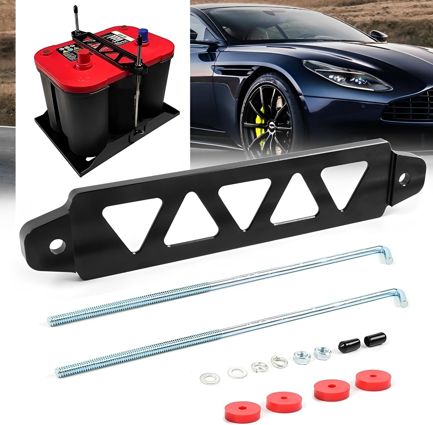 Car Battery Hold down Bracket Holder, Aluminum Alloy Battery Bracket with Stainless Steel J Hook Bolt image number 1