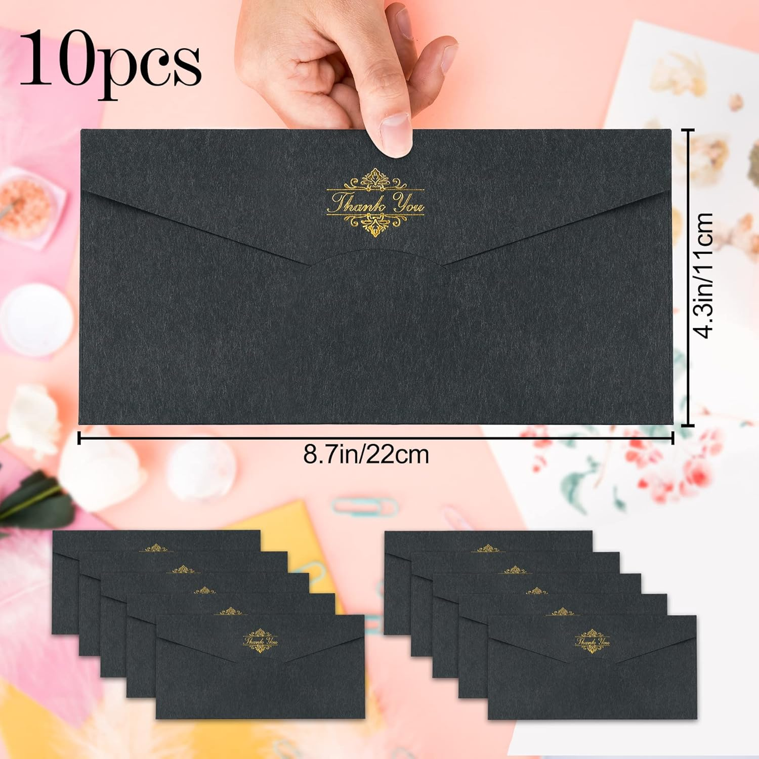 10PCS Specialty Paper Thickened Vintage Black Envelope, &ldquo;8.7 X 4.3Inch&rdquo; Premium Black V Flap Invoices Envelopes for Office Checks, Business Letterhead, Letter Mailing Invitation, Holiday Cards