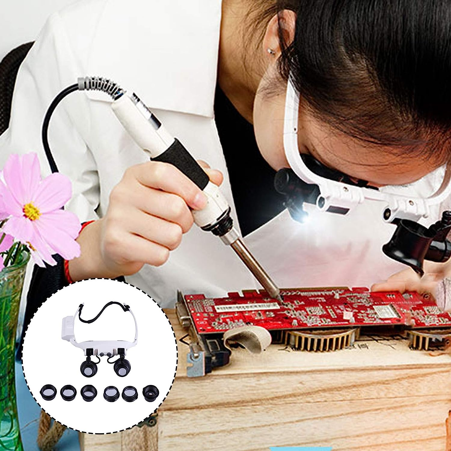 POPETPOP 1 Set Head Mount Magnifier Glasses Headband Magnifying Glass Handsfree Magnifier with Light for Jewelers Sewing Crafts Hobbies Repair 10X,15X,20X,205X image number 2